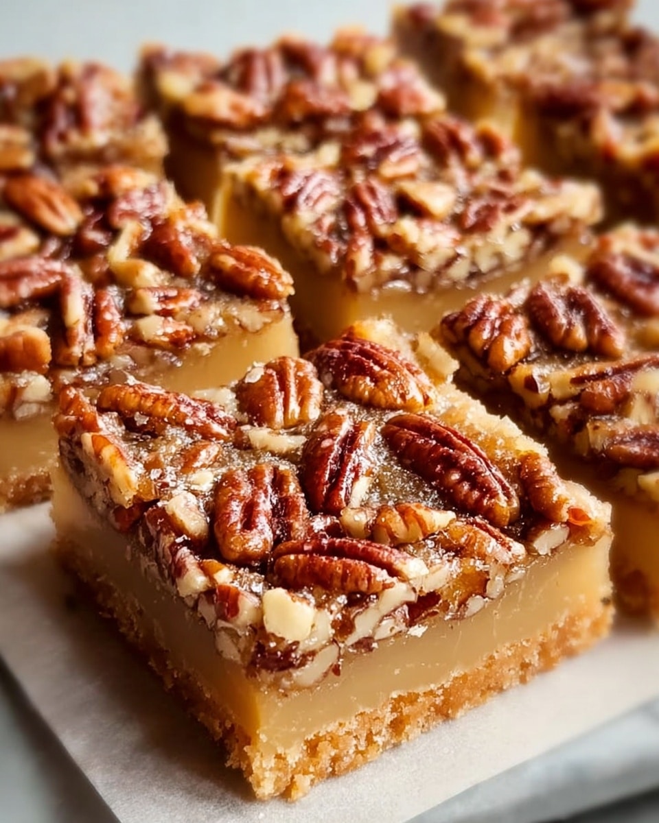 A close-up image of four square pecan bars arranged on a piece of parchment paper, placed on a white marbled surface. Each bar has three visible layers: the bottom layer is a light golden brown crust with a slightly crumbly texture, the middle layer is a smooth, pale caramel filling, and the top layer is covered with whole and chopped pecans, rich brown with slight shine. The pecans are densely packed, giving a textured, nutty look, and the bars are cut evenly with clean edges. The image is sharply focused on the front bar, showing detailed textures of the pecans and filling, with the background slightly blurred. Photo taken with an iphone --ar 4:5 --v 7