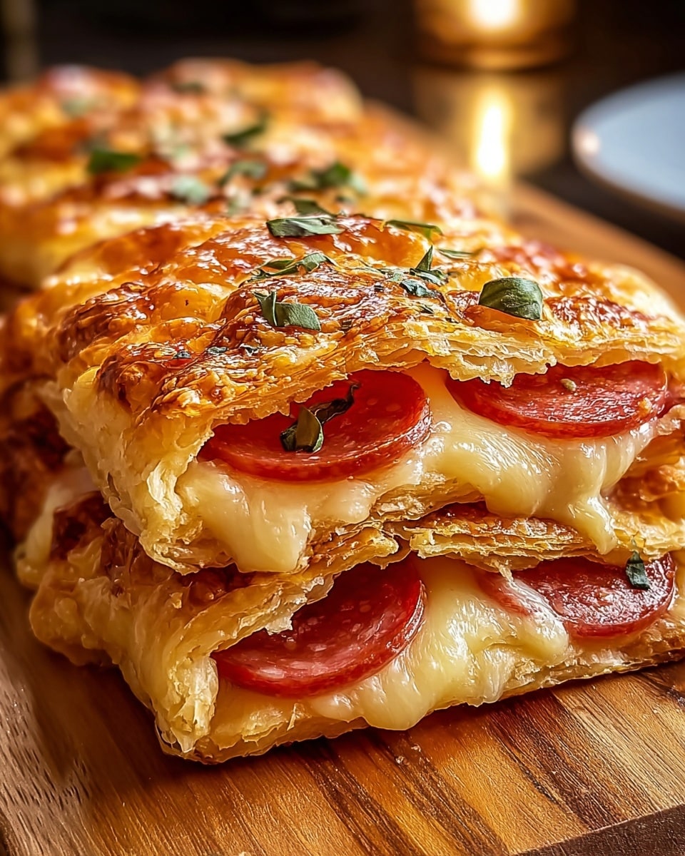 The image shows several pieces of golden-brown puff pastry pockets arranged closely on a dark baking tray. Each pastry piece has three visible layers: a top flaky crust with a shiny, crispy texture and light browning, a middle layer of melted white cheese that is soft and slightly gooey, and a bottom layer where slices of pepperoni peek out with their reddish color and smooth texture. Small bits of green herbs are sprinkled on the melted cheese, adding a touch of color. The pastries look fresh and warm with slightly puffed edges and slight bubbling on the cheese. The photo taken with an iphone --ar 4:5 --v 7