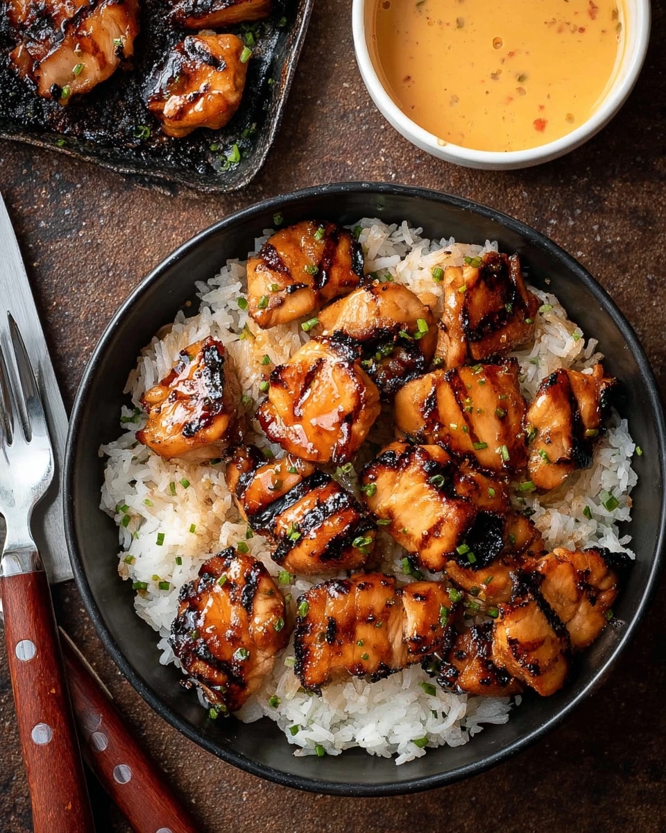 A round black bowl is filled with a layer of white cooked rice at the bottom, topped with several pieces of glazed grilled chicken that have a shiny, slightly charred brown surface with hints of caramelization. Small green herb sprinkles are scattered over the chicken pieces, adding color contrast. To the top right, there is a small white bowl containing a creamy orange sauce with visible small bits in it. The background is a textured dark brown surface. A fork and a knife with wooden handles are placed at the bottom left corner. photo taken with an iphone --ar 4:5 --v 7