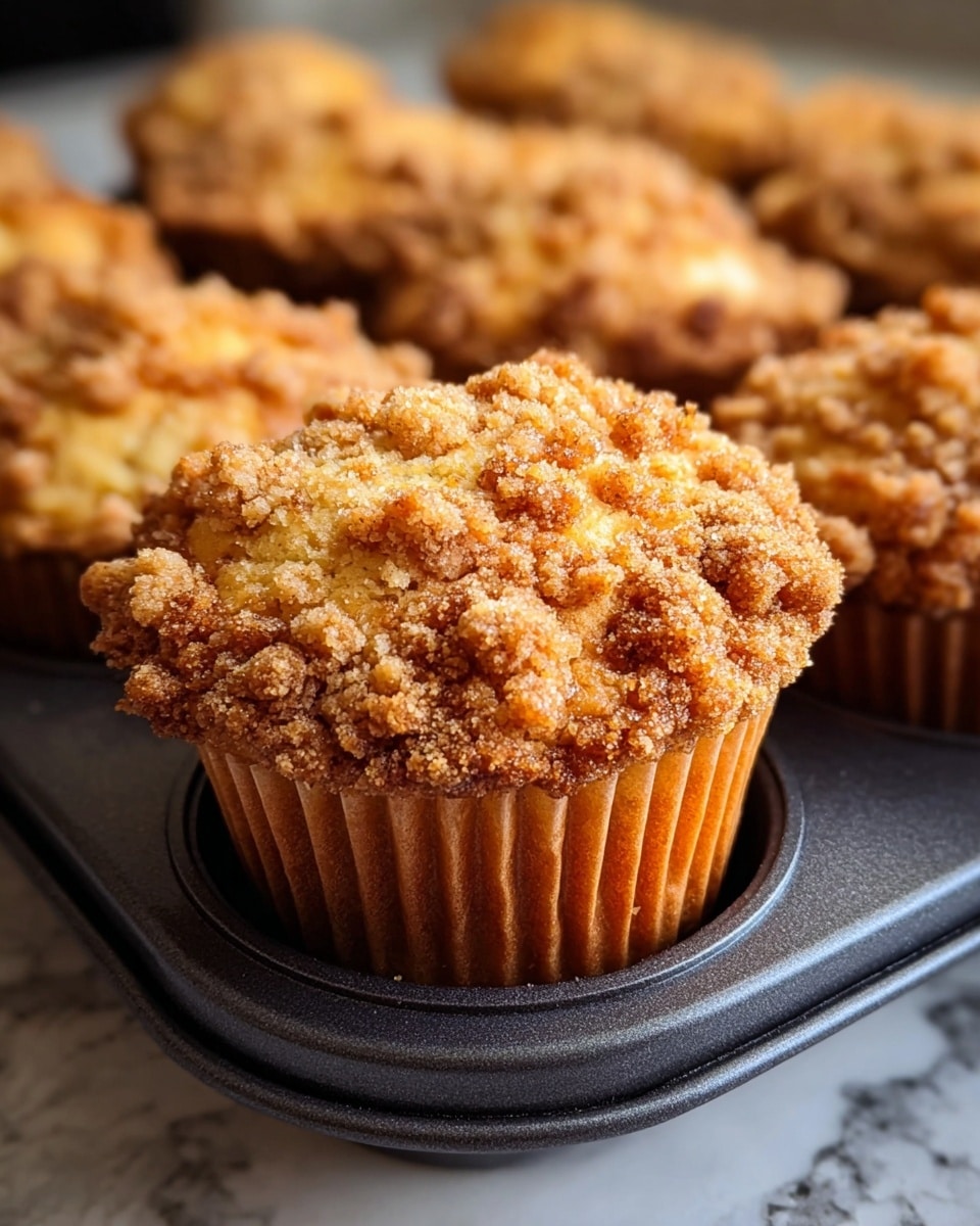 The image shows a close-up of a muffin with a crumbly topping inside a dark muffin tray. The muffin has two visible layers: the bottom layer is a light brown, smooth cupcake base with a slight shine, and the top layer is a golden brown, chunky crumb topping with visible small pieces of crumb and sugar that look crunchy. Several other muffins are blurred in the background, all with the same two-layer look. The tray is placed on a white marbled texture. The lighting highlights the rough texture on the muffin’s top and the soft base below it, making the muffin look warm and freshly baked. photo taken with an iphone --ar 4:5 --v 7