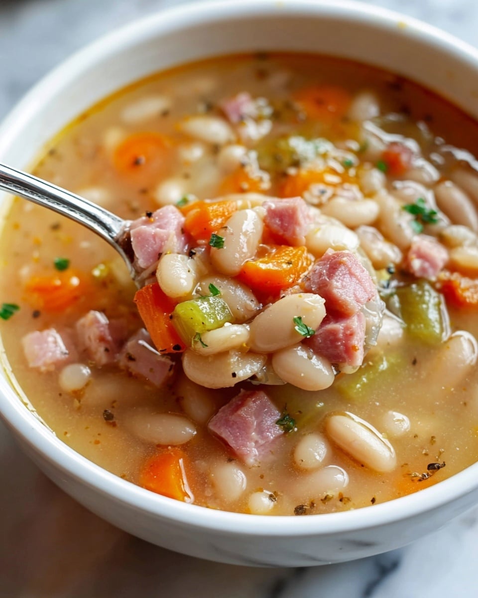 A close-up view of a white bowl filled with a chunky bean soup, showing three main layers: the broth layer at the bottom is light brown and slightly clear, the middle layer holds soft white beans mixed with small pieces of orange carrot and light green celery, and the top layer features cubes of pink ham along with bits of pepper and small green herbs. A silver spoon is dipped into the bowl, lifting a mix of beans, ham, carrot, and celery, all glistening with a bit of broth. The bowl sits on a white marbled surface, highlighting the warm, hearty colors of the soup. photo taken with an iphone --ar 4:5 --v 7