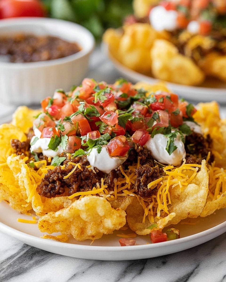 A white plate holds a crispy, golden base layer of curled potato chips tightly packed and slightly overlapping. On top of the chips is a thick layer of melted bright yellow shredded cheese, followed by a rich, dark brown ground beef mixture that looks seasoned and crumbly. Dollops of smooth white sour cream are scattered evenly over the beef, and the dish is topped with a fresh layer of small, diced red tomatoes mixed with finely chopped bright green cilantro. The background shows a bowl of dark red salsa and some blurred vegetables on a white marbled surface. Photo taken with an iphone --ar 4:5 --v 7