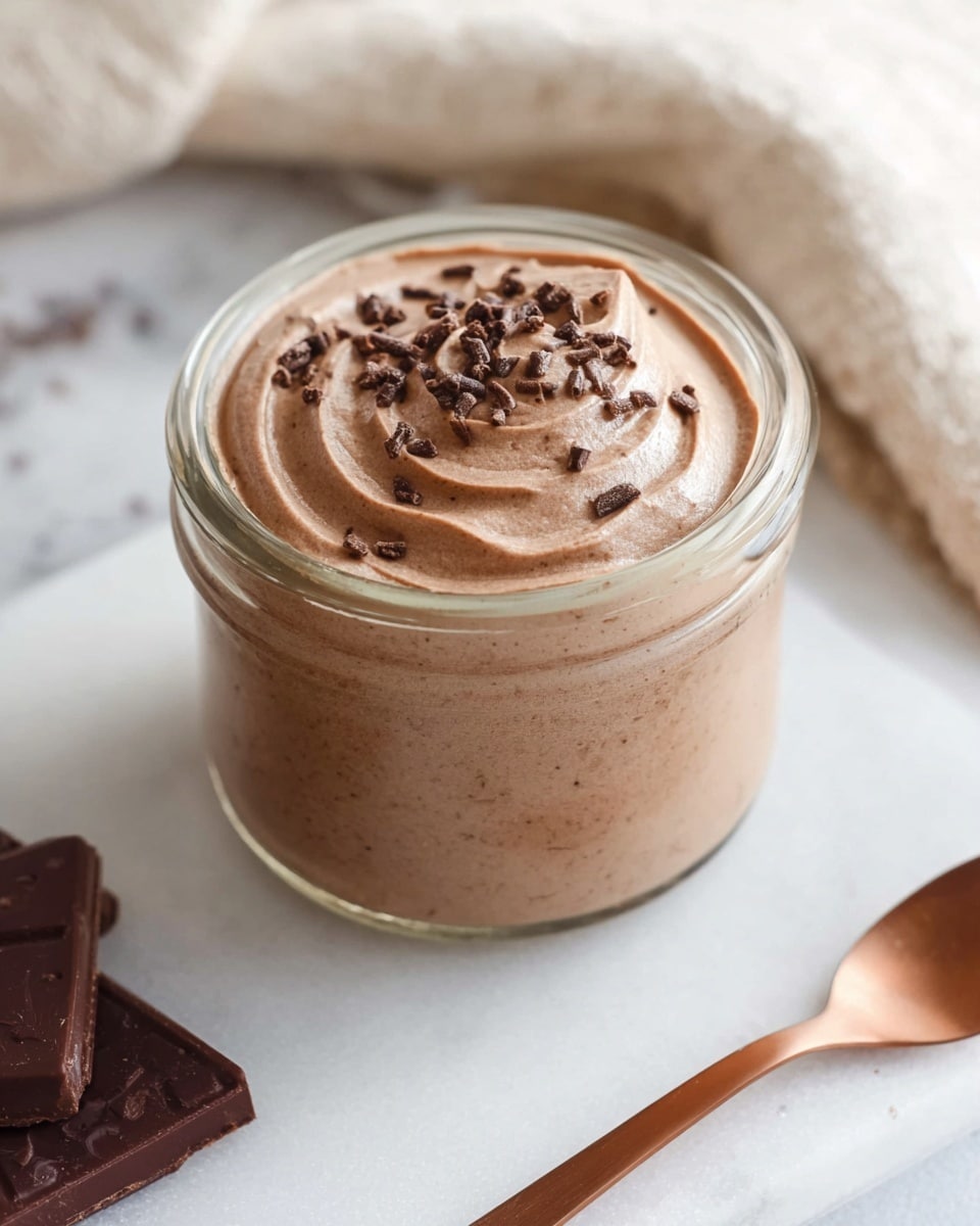 A clear glass jar filled with a smooth, light brown chocolate mousse showing soft swirls on the top surface, sprinkled with small dark brown chocolate bits. The glass jar is placed on a white marbled surface with a white cloth and beige towel in the background. To the right of the jar is a copper-colored spoon laying flat on the white marbled surface, and in the bottom left corner, pieces of dark chocolate are partially visible. photo taken with an iphone --ar 4:5 --v 7