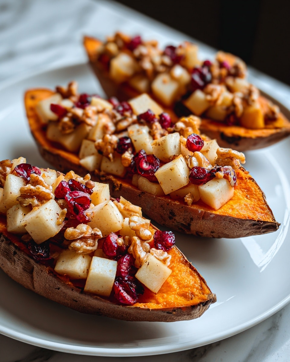 The image shows three halved sweet potatoes placed on a white plate, each filled with a colorful topping. The sweet potatoes have a dark brown, slightly crispy skin on the outside, and their flesh is bright orange and smooth inside, forming the first layer. On top of each sweet potato is a second layer made of light cream-colored, cubed cooked pears, mixed with small crunchy bits which look like walnuts or granola. Scattered among the pear pieces are bright red cranberries adding a pop of color to the dish. The plate is set against a white marbled surface, and the photo is focused closely with a warm, soft light highlighting the textures and colors. photo taken with an iphone --ar 4:5 --v 7
