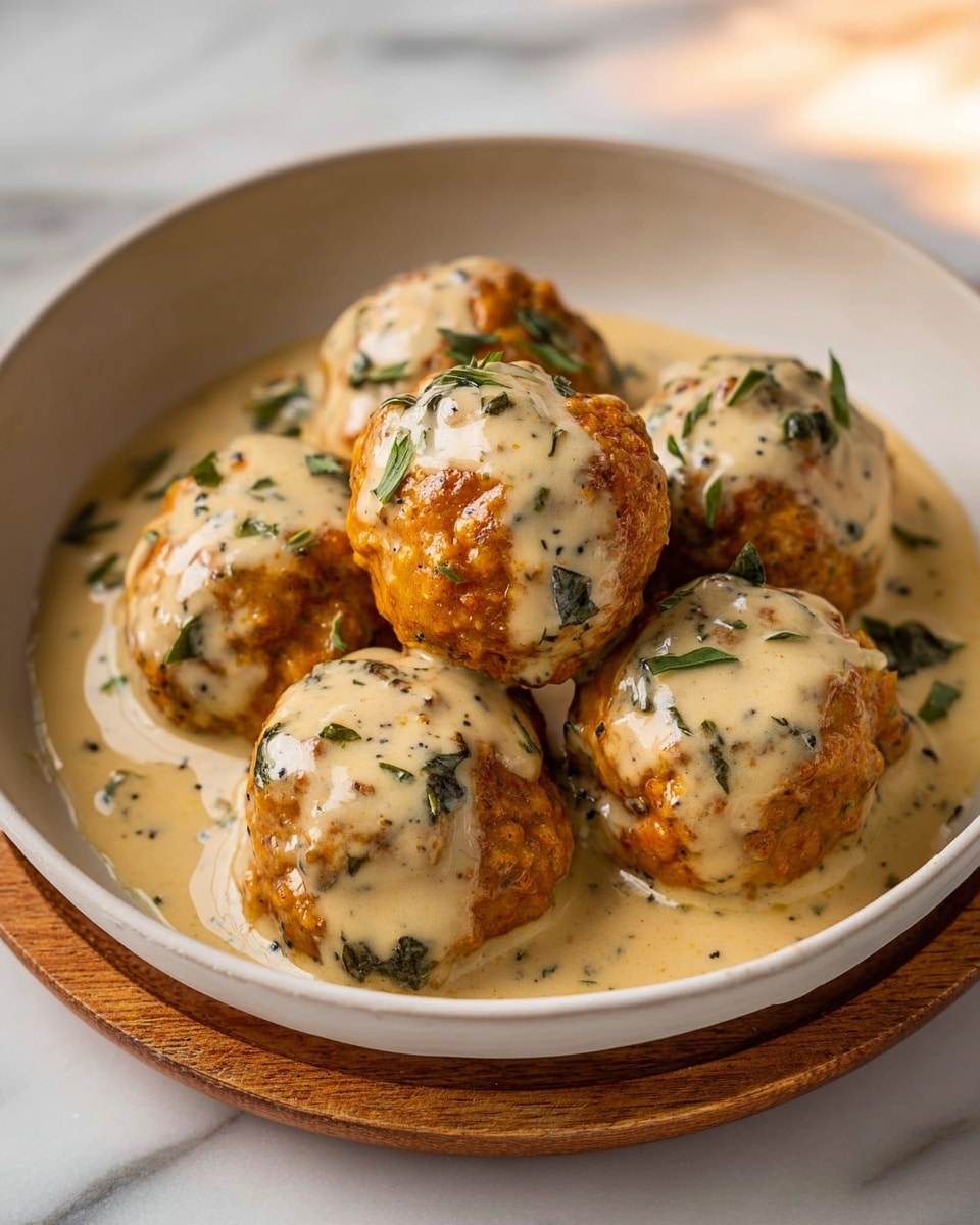 The image shows six round, orange-brown meatballs placed closely together in a shallow white bowl on a wooden tray. Each meatball is generously covered with a creamy, light beige sauce that has visible green leafy herbs spread throughout. The sauce drips slightly down the sides of the meatballs, pooling at the bottom of the bowl. The meatballs have a slightly rough texture, while the creamy sauce appears smooth and thick. The dish is set on a white marbled surface with soft, warm lighting highlighting the colors and textures. photo taken with an iphone --ar 4:5 --v 7