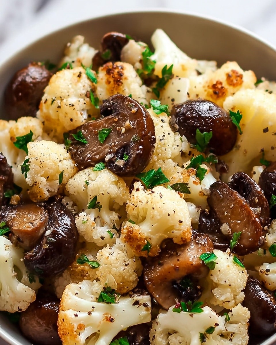 The image shows a close-up view of cooked cauliflower florets and sliced mushrooms in a white bowl. The cauliflower pieces are light cream-colored with some browned spots that show they are roasted or sautéed. The mushrooms are dark brown with a shiny, slightly oily surface and have hints of light grill marks. Small green parsley pieces are sprinkled throughout, adding a fresh color contrast. Black pepper is lightly scattered over the vegetables, giving a peppered texture. The background is a white marbled surface. Photo taken with an iphone --ar 4:5 --v 7