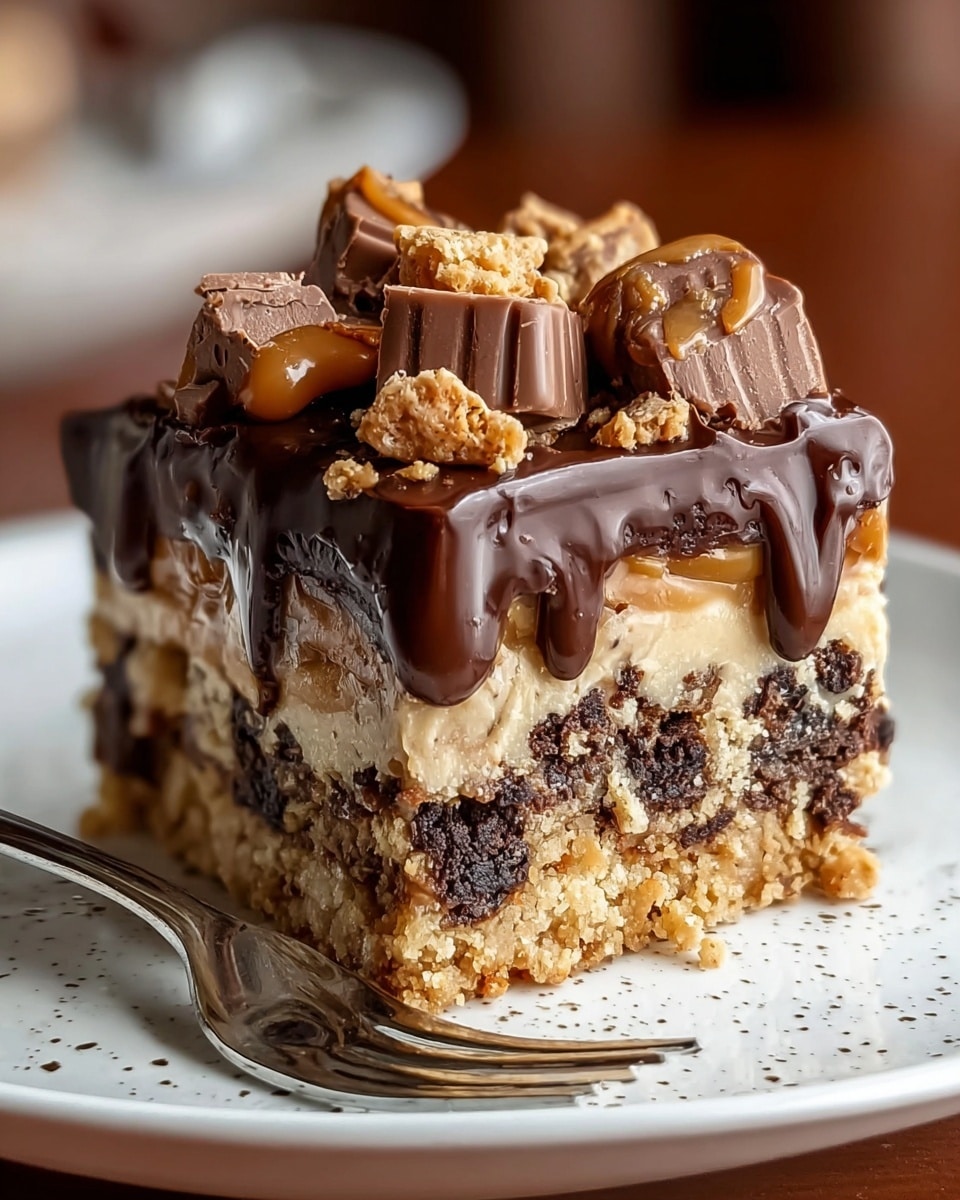 A thick, square dessert bar sits on a white plate with small black specks, showing four clear layers: the bottom is a crumbly, golden-brown cookie crust, next a dense mix of chocolate pieces and crumbs, a smooth creamy caramel layer follows, and the top is a shiny, rich dark chocolate glaze dripping down the sides. On top of the glaze, there are chunks of milk chocolate, caramel candies, and crunchy wafer pieces, adding texture and variety. The background is softly blurred with warm brown and grey colors, and a silver fork rests beside the dessert on the plate. Photo taken with an iphone --ar 4:5 --v 7
