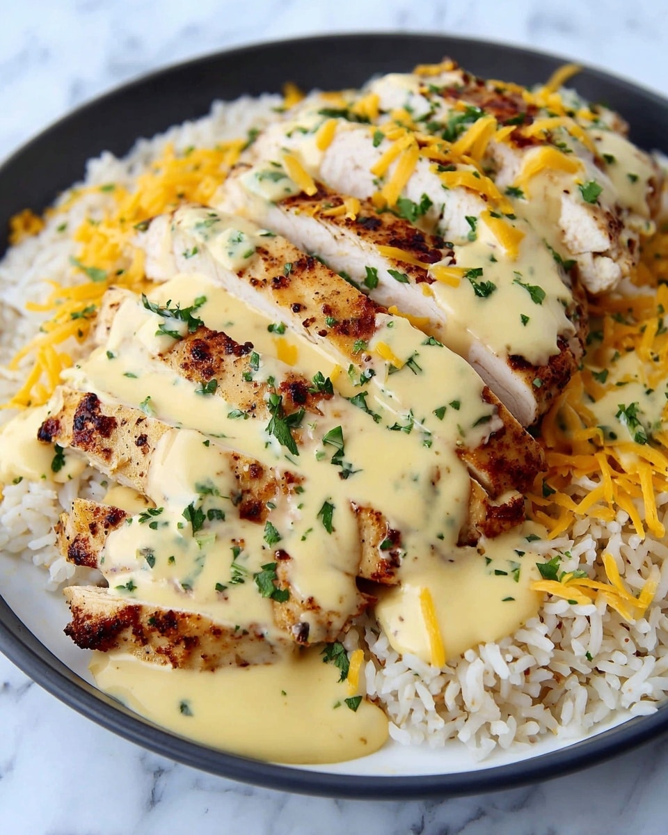 A black plate holds a bed of light brown cooked rice as the first layer, with a thick piece of grilled chicken breast on top, showing some dark brown char marks on its golden surface. The chicken is sliced into four pieces and is generously covered with a creamy, smooth light yellow sauce. Green chopped herbs are sprinkled over the sauce, adding contrast. The whole dish sits on a white marbled texture. photo taken with an iphone --ar 4:5 --v 7