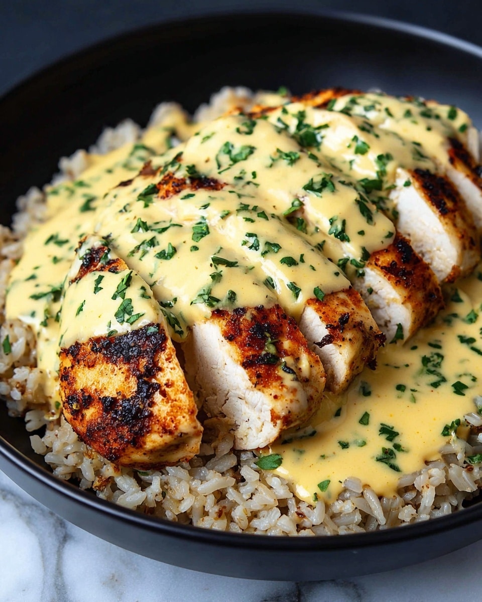 The image shows a white plate with a bed of light tan cooked rice spread out as the base layer. On top of the rice, there is a thick piece of grilled chicken breast sliced into five pieces, showing a light brown color with grill marks and slightly charred edges. The chicken is covered with a creamy pale yellow cheese sauce that drips down the sides. Sprinkled over the cheese are small bits of shredded darker yellow cheese and chopped green herbs, adding a fresh contrast in color. The plate is placed on a white marbled surface. photo taken with an iphone --ar 4:5 --v 7