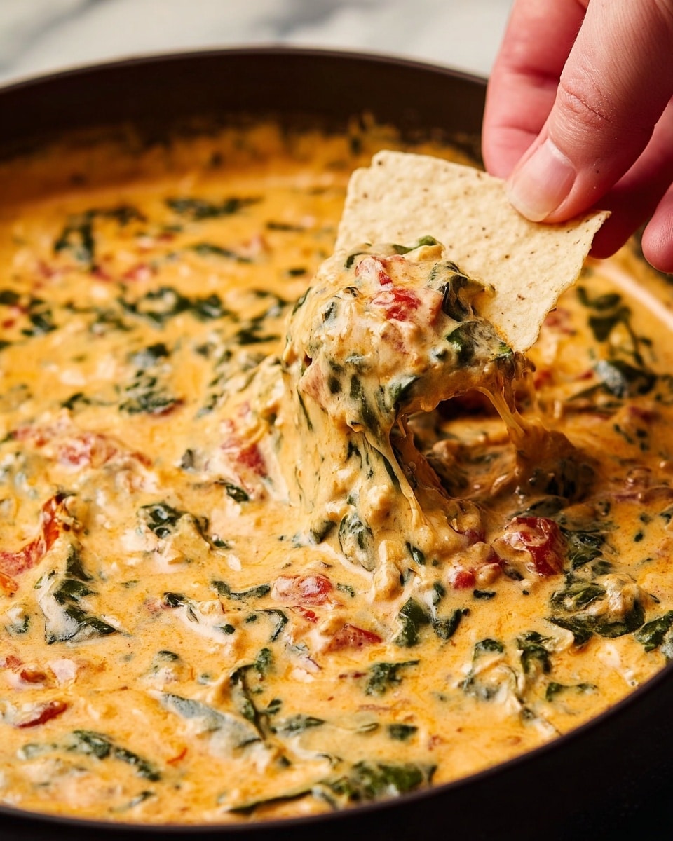 A white bowl filled with thick, creamy dip that has a light yellow color with visible pieces of cooked spinach and small red tomato bits mixed in, showing a slightly chunky texture. A large tortilla chip is dipped into the bowl, standing upright in the dip. Around the bowl, there is a ring of crispy, golden-brown tortilla chips on a white plate, all set against a white marbled background. photo taken with an iphone --ar 4:5 --v 7