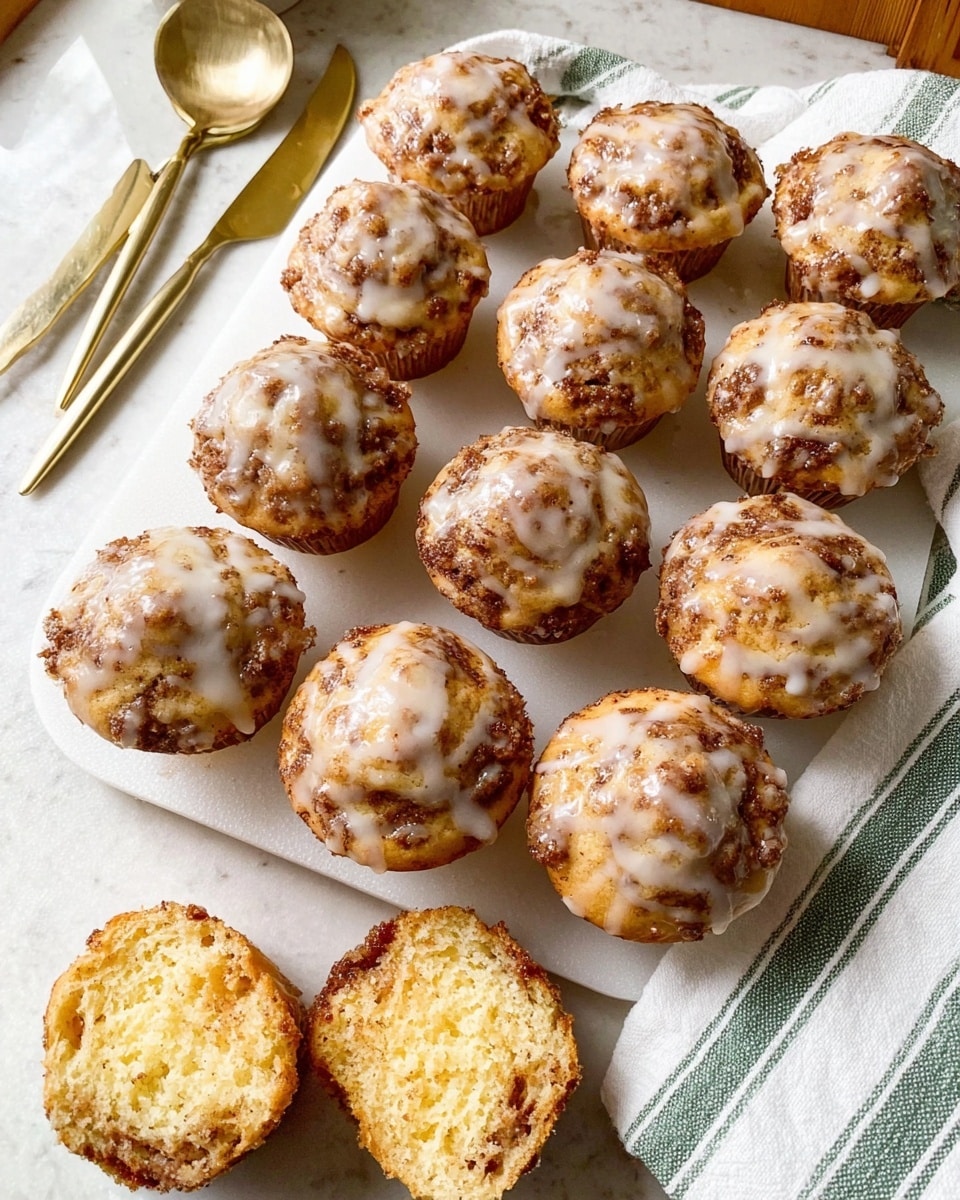 The image shows a white tray holding nine cinnamon roll muffins that are golden-brown with swirls of cinnamon inside and drizzled with a shiny white glaze on top, giving them a moist and sticky look. Each muffin's top has a textured, crumbly cinnamon layer mixed with melted glaze. In front of the muffins, there are two halves of a muffin displayed to show the soft, fluffy inside with cinnamon streaks running through the light-yellow cake. The tray is placed on a white marbled surface with a gold knife and spoon and a folded white and green striped cloth nearby. Photo taken with an iphone --ar 4:5 --v 7