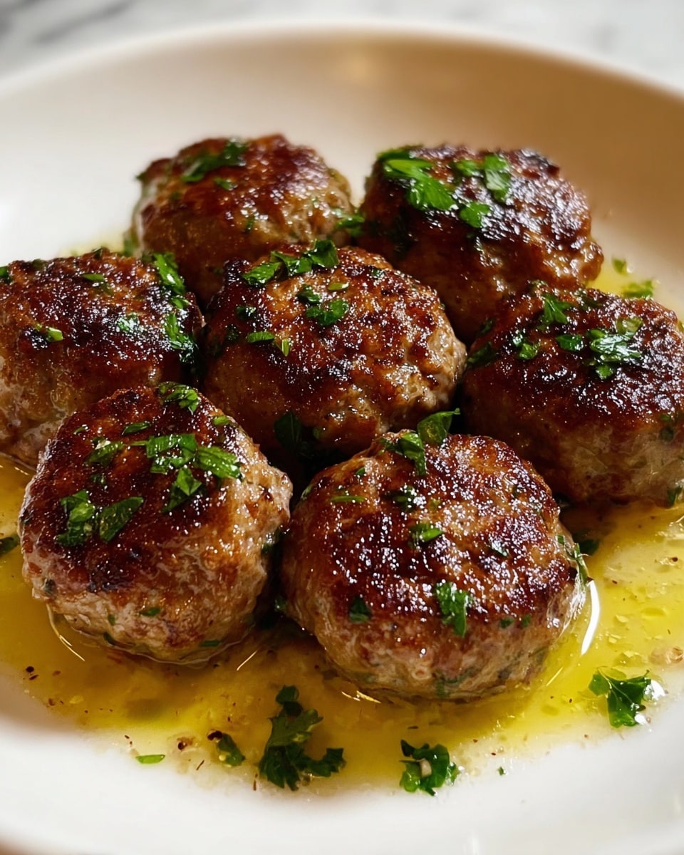 Seven browned meatballs sit closely together in the center of a white plate, each with a slightly crispy, textured surface and a rich golden-brown color. They are garnished with small, bright green herb pieces scattered on top and around them. The meatballs rest in a shallow pool of light golden sauce with a shiny, oily texture, which spreads across the plate. The background is a white marbled texture. photo taken with an iphone --ar 4:5 --v 7