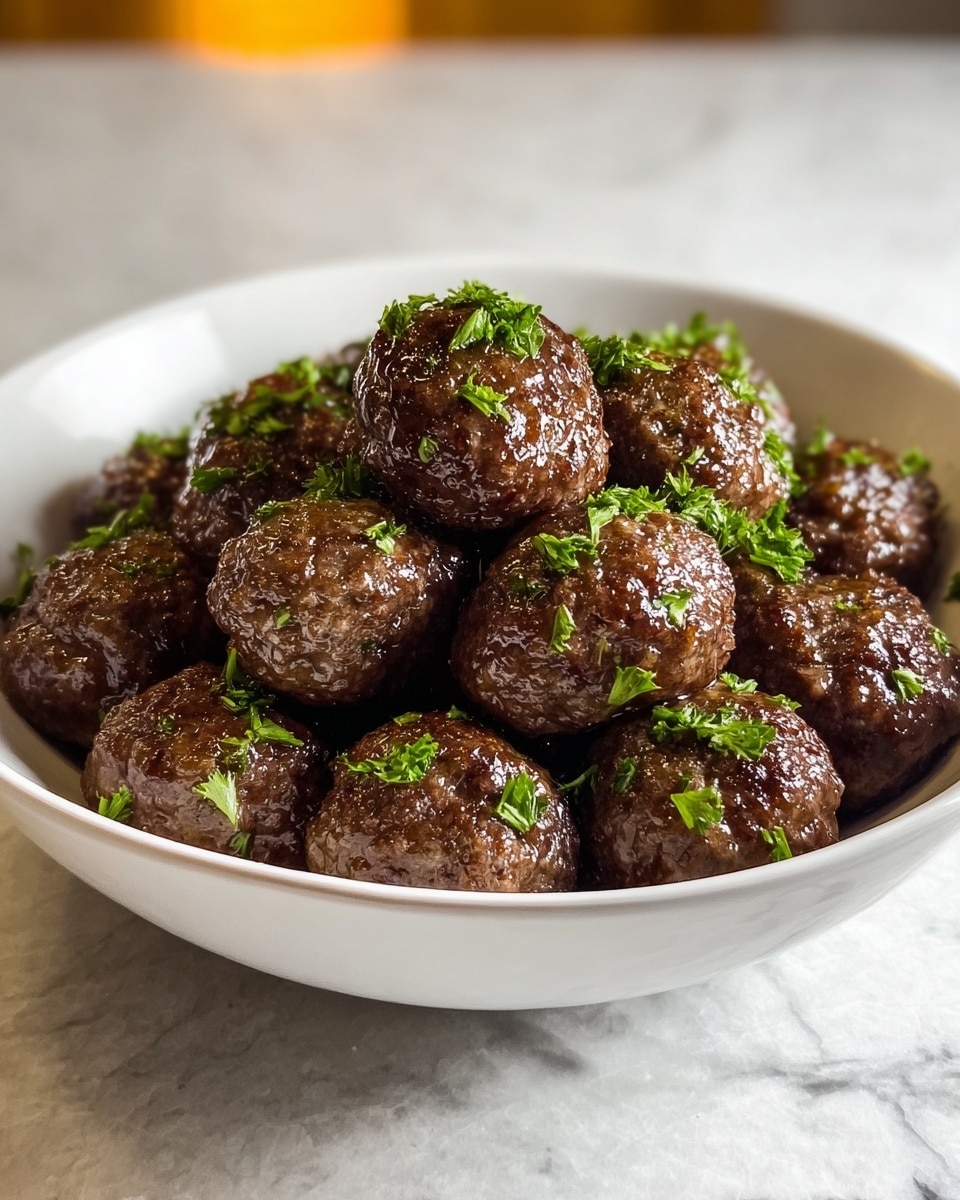 A white bowl holds about fifteen brown, glossy meatballs with a slightly rough texture, stacked in a small pile. The meatballs have a shiny surface showing they are coated with a thin layer of oil or sauce, and are sprinkled with fresh green parsley pieces on top. The bowl sits on a white marbled textured surface, giving a clean and bright background. Photo taken with an iphone --ar 4:5 --v 7