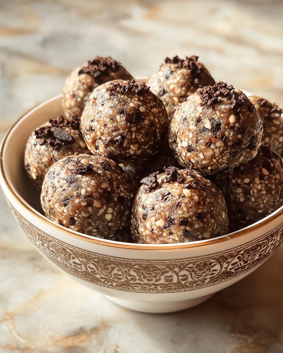 A white bowl filled with about twelve round energy balls, each with a rough texture showing small beige and dark brown bits mixed in. The balls are tightly packed and topped with crumbled dark chocolate or cookie pieces. The bowl has a decorative brown pattern around its rim and sides. The photo is taken on a white marbled surface with warm lighting reflecting softly on the bowl. Photo taken with an iphone --ar 4:5 --v 7