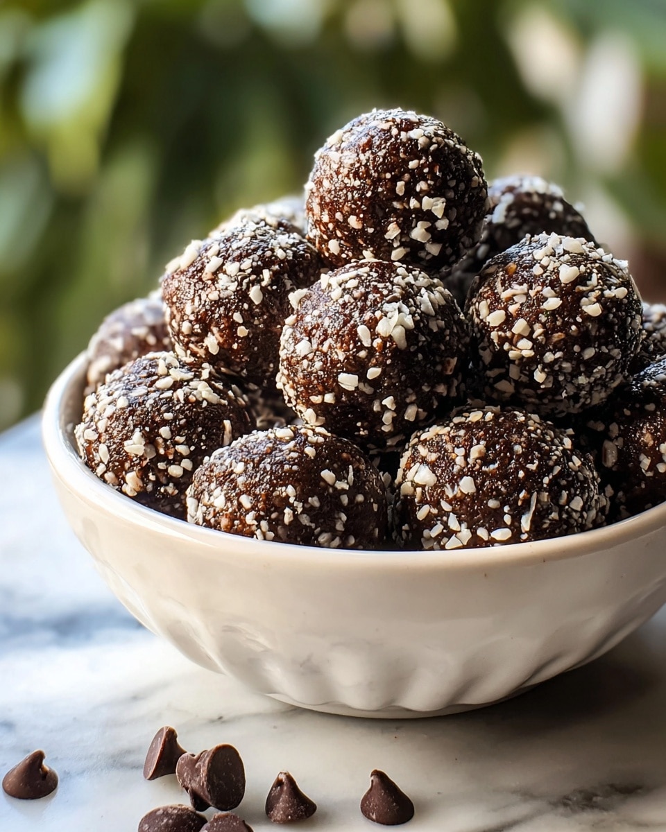 A white bowl filled with multiple round dark brown truffle balls, each coated with small white crispy bits and a few scattered chocolate chips on the surface. The balls are packed closely and piled high inside the bowl, showing a rough texture with crunchy-looking details. The background is a soft blur with greenery, and the bowl sits on a white marbled surface. Photo taken with an iphone --ar 4:5 --v 7