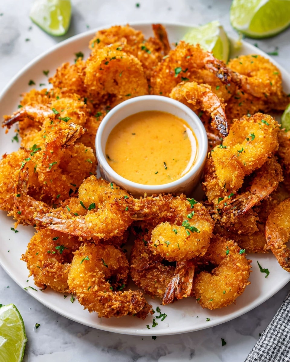A white plate filled with many golden crunchy fried shrimp, each shrimp coated in a crispy textured breading showing warm orange and brown tones, garnished lightly with small pieces of green herbs scattered on top. At the center of the plate, there is a small white ramekin filled with a creamy orange dipping sauce, smooth and glossy. The plate rests on a white marbled surface with lime wedges and some scattered herbs visible around the edges. photo taken with an iphone --ar 4:5 --v 7