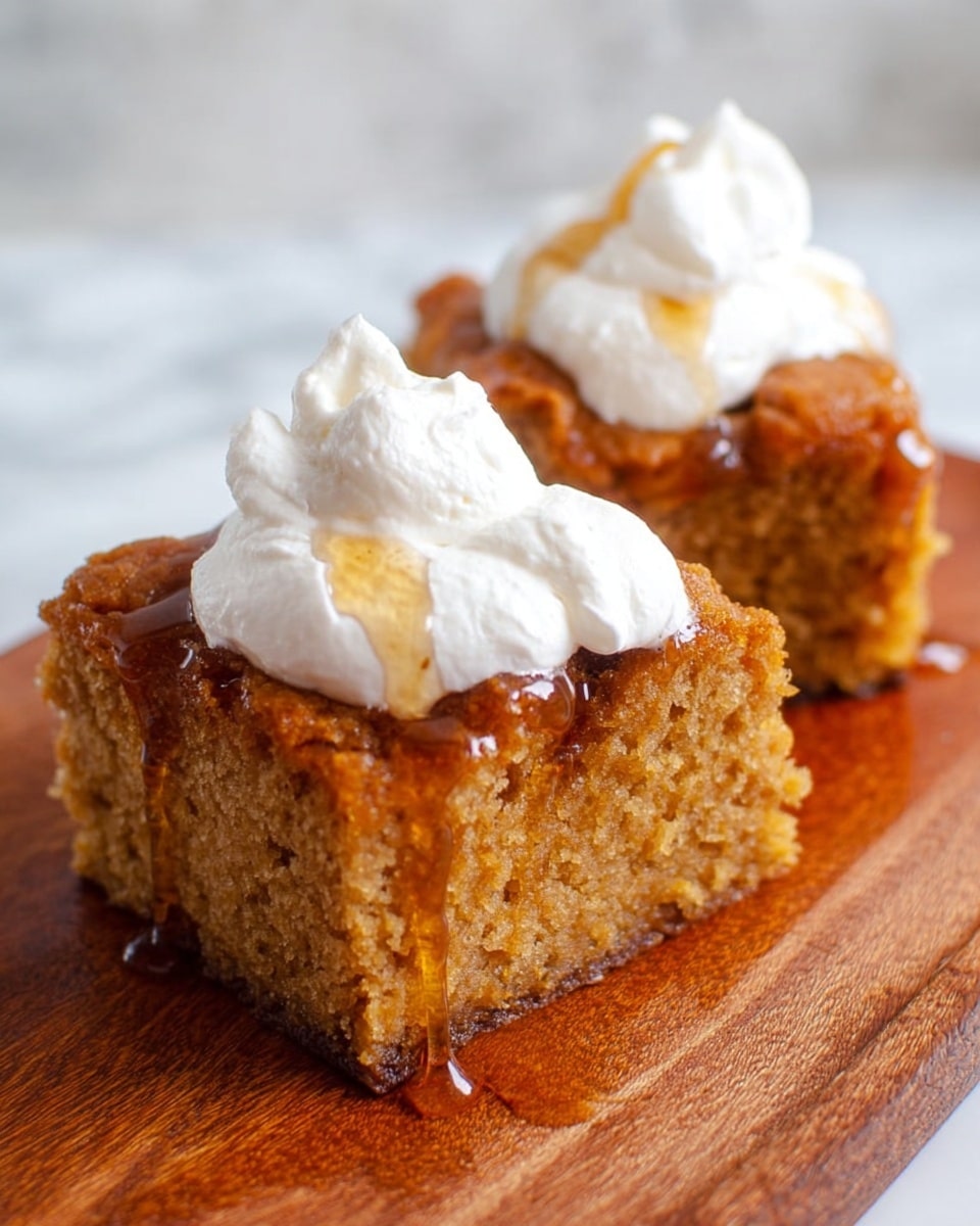 The image shows two square pieces of moist cake placed on a wooden board over a white marbled surface. Each cake piece has a rough texture with a golden brown color, indicating a dense and soft inside. On top of every cake square, there is a generous dollop of white whipped cream, contrasting with the darker cake layer. The front cake has a golden syrup drizzled on the whipped cream, adding a glossy and sticky layer that shines under the light. The background is blurred, focusing the attention on the detailed texture and colors of the cake and cream. photo taken with an iphone --ar 4:5 --v 7