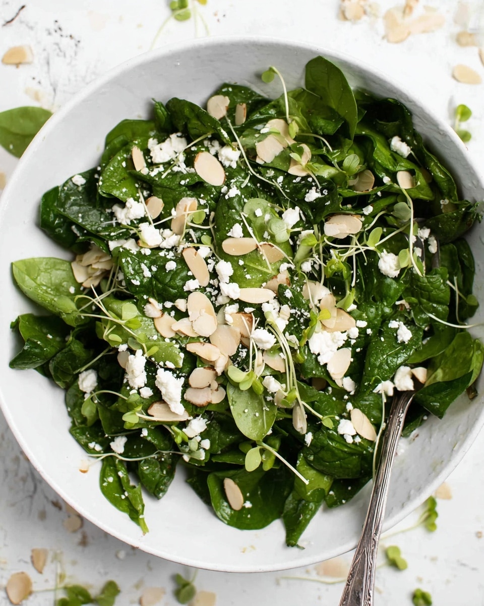 A close-up of a fresh salad in a white bowl shows three main layers: at the bottom, a bed of dark green leafy spinach with a slight shine from dressing, above that scattered thin, beige almond slices adding texture, and on top, small white crumbles of soft cheese sprinkled evenly. A silver fork rests inside the bowl to the right, and the bowl sits on a white marbled surface with a few stray spinach leaves and almond slices around the base. photo taken with an iphone --ar 4:5 --v 7