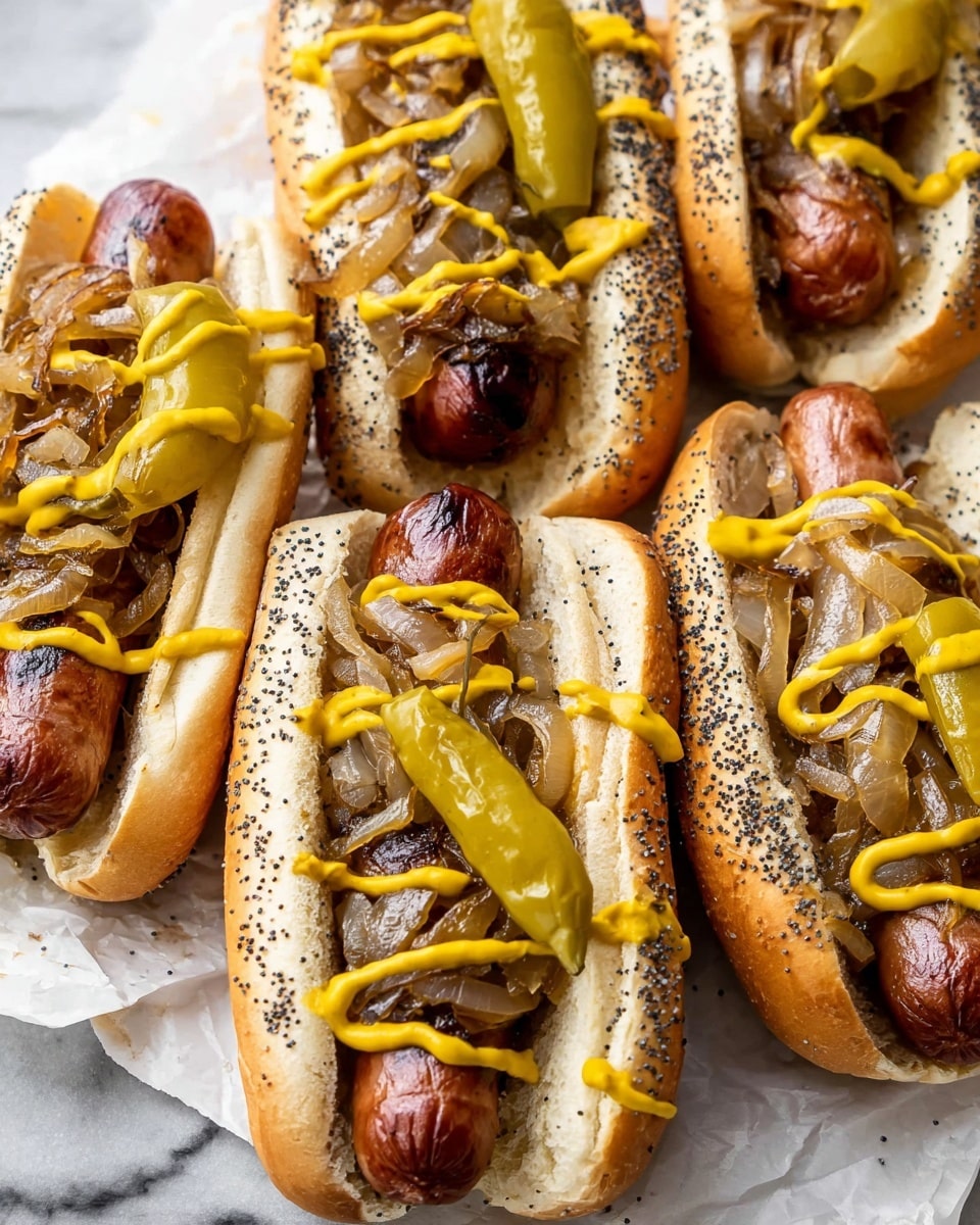 This image shows several hot dogs in split poppy seed buns arranged closely together. Each hot dog has a browned sausage as the base layer inside the bun. On top of the sausage is a layer of cooked caramelized onions, dark golden brown and soft in texture. Bright yellow mustard is drizzled over the onions unevenly. A whole yellow-green pepper is placed diagonally on some of the hot dogs. The hot dogs rest on white parchment paper on a white marbled surface. The buns are light golden with dark poppy seeds sprinkled on top. The overall look is appetizing and colorful with a mix of brown, yellow, green and white shades photo taken with an iphone --ar 4:5 --v 7