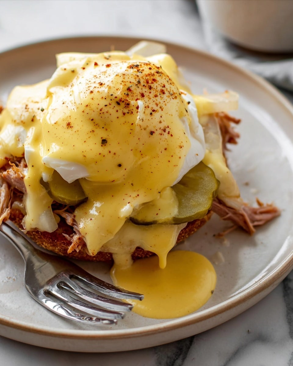 A close-up of an open-faced sandwich on a white plate with a silver fork beside it, placed on a white marbled surface. The sandwich has multiple layers starting with shredded meat on the bottom, followed by slices of pickles peeking around the edges, topped with melted pale yellow cheese that covers the sandwich. A poached egg sits on top, covered by a thick, smooth yellow hollandaise sauce sprinkled with light brown spices, some sauce dripping onto the plate. Photo taken with an iphone --ar 4:5 --v 7
