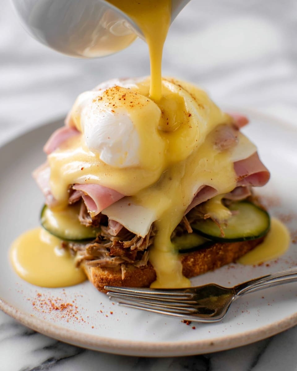 The dish is stacked on a white plate with multiple layers. The bottom layer is shredded brown meat, followed by thinly sliced green pickles. On top of the pickles, there is a layer of light brown toasted bread, then several slices of pinkish ham. Above the ham is a melted white cheese layer, soft and slightly shiny. Resting on the cheese is a white poached egg with a smooth surface. A thick yellow sauce is being poured over the egg and cheese, spreading down the sides and dusted with a light pinch of reddish spice. A silver fork lies beside the stack on the plate, and the whole scene is set on a white marbled surface. Photo taken with an iphone --ar 4:5 --v 7