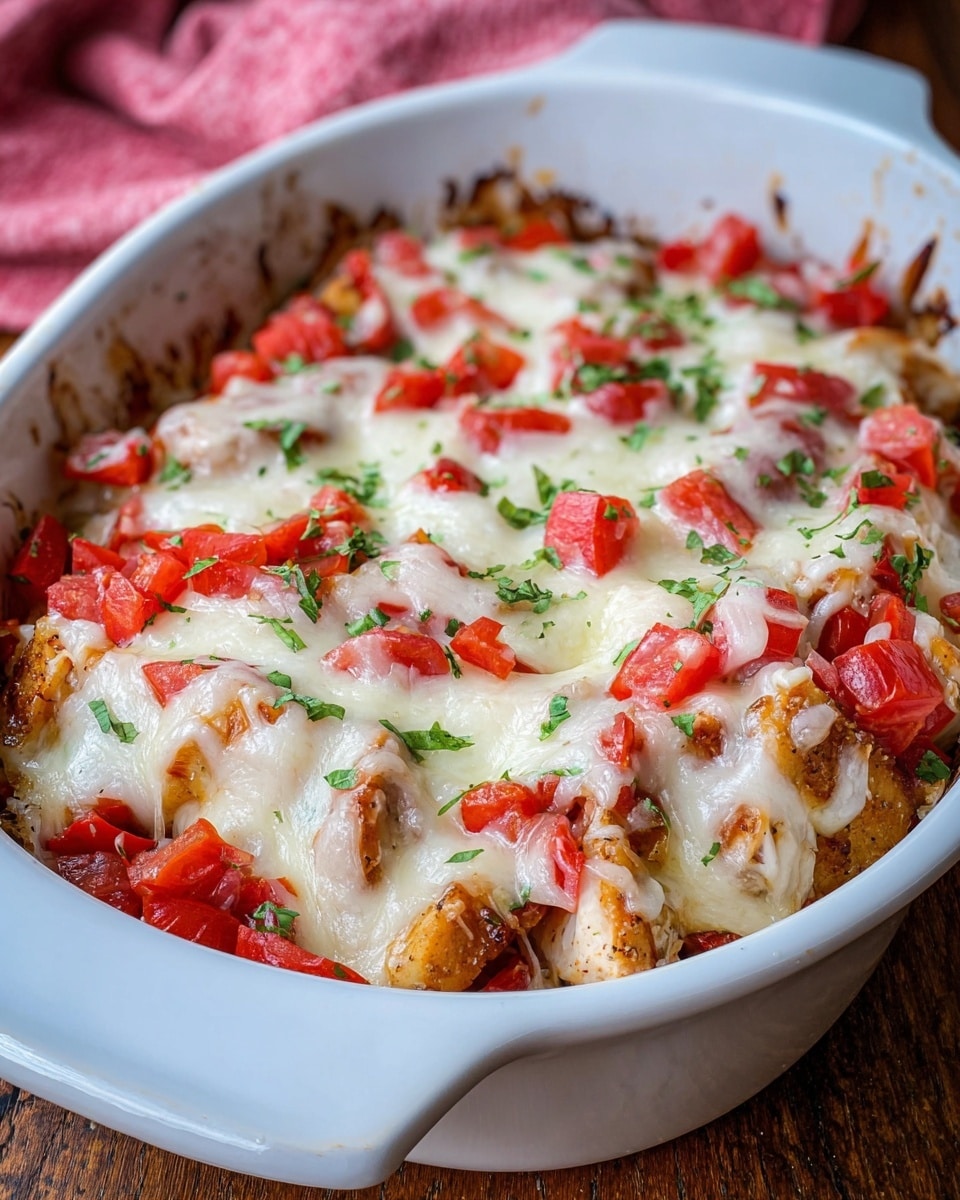 A white casserole dish filled with a baked dish showing three main layers: the bottom layer is chunky pieces of cooked chicken with a light brown color, the middle layer consists of bright red diced tomatoes scattered evenly, and the top layer is melted white cheese melted over the tomatoes and chicken, with small bits of green herbs sprinkled on top, placed on a wooden surface with a pink cloth blurred in the background, photo taken with an iphone --ar 4:5 --v 7