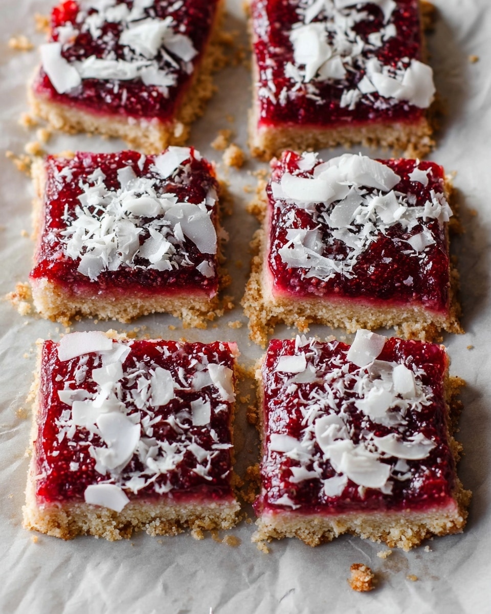 The image shows six square dessert bars arranged in two rows of three on parchment paper over a white marbled surface. Each bar has three visible layers: a crumbly light brown base, a thick and glossy dark pink-red fruit layer in the middle with a slightly chunky texture, and topped with white shredded pieces scattered unevenly on top. The edges of the bars are slightly crumbly, and some crumbs are scattered around them on the parchment paper. The lighting highlights the moist shine of the fruit layer and the rough texture of the base. Photo taken with an iphone --ar 4:5 --v 7