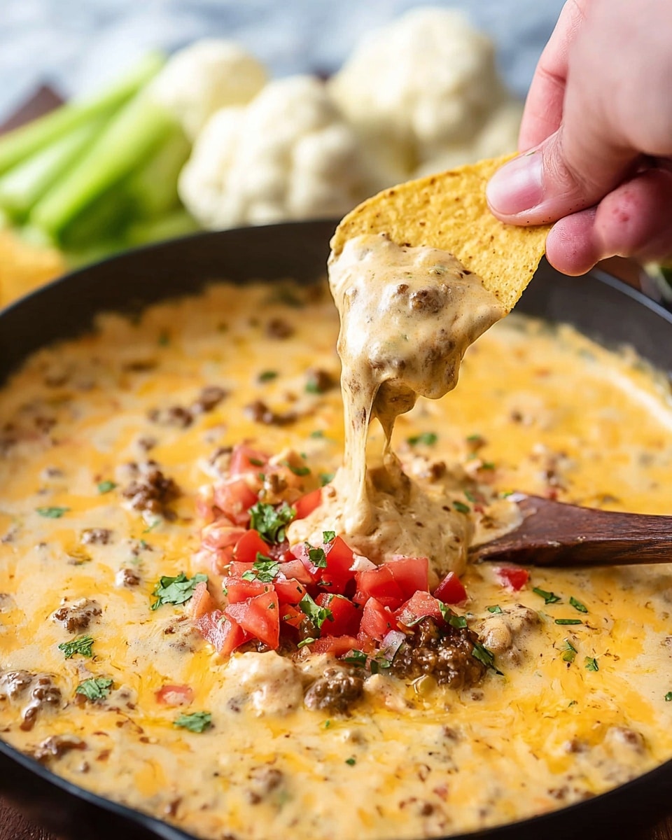 A close-up image shows a woman's hand dipping a light yellow tortilla chip into a creamy, thick cheese dip filled with small brown pieces of ground meat and bits of green herbs. The dip has an orange-yellow color and a smooth, slightly chunky texture, with red and green diced tomato and pepper pieces mixed in near the bottom center. The dip is served in a black pan, resting on a white marbled surface, with a blurred background where cauliflower and celery can be seen. A wooden spoon partially covered in the cheese dip is visible on the right side. Photo taken with an iphone --ar 4:5 --v 7