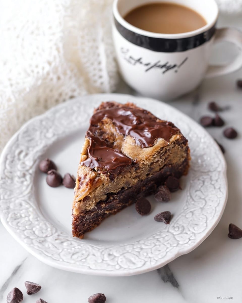 A single triangular slice of layered dessert sits in the middle of a white plate with intricate, raised floral designs around the edge. The dessert has two visible layers: a top layer with a golden-brown, slightly crunchy texture containing melted chocolate chips and a darker, rich chocolate bottom layer. The slice is surrounded by loose dark chocolate chips scattered on the plate. In the background, a white mug with black trim and black lettering holds light brown coffee, and a white lace fabric is partially visible nearby on a white marbled surface. photo taken with an iphone --ar 4:5 --v 7