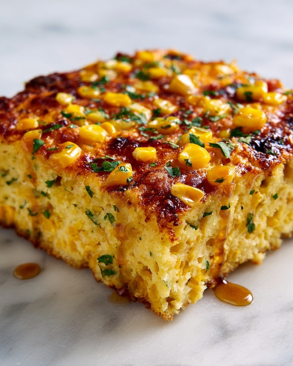 A square piece of baked corn casserole is shown with two visible layers; the bottom layer is yellowish with whole corn kernels mixed in, giving it a soft and crumbly texture, while the top layer is a crisp, golden-brown crust with scattered bright yellow corn kernels and finely chopped green herbs. The edges of the crust are slightly darker and caramelized, with a few drizzle marks of syrup or glaze running down the sides. The food is placed on a white marbled textured surface. photo taken with an iphone --ar 4:5 --v 7