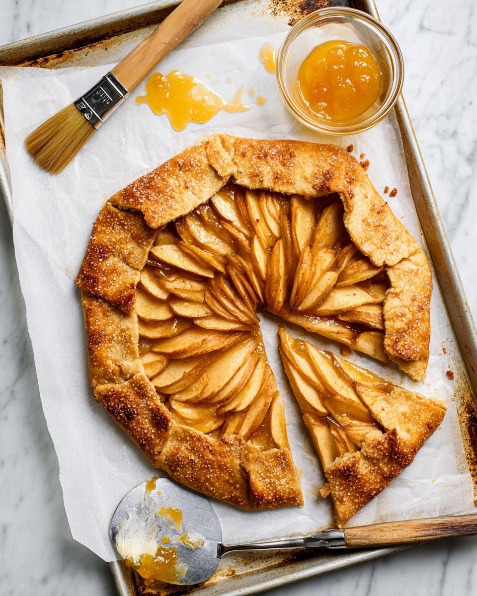 A golden brown apple galette sits on white parchment paper on a baking tray with a rustic look. The galette has one layer of thinly sliced apple pieces arranged in a circular, overlapping pattern, with a slight cinnamon glaze that adds a glossy, warm brown color on the apples. The crust is thick and folded over the outer edge of the apples, showing a rough and crumbly texture with a coating of coarse sugar. A slice is cut out, placed close to the galette, showing the same layered apple slices inside. Near the top, there is a small clear glass bowl filled with a yellow-orange jam, and beside it, a paintbrush with jam on its bristles, resting on the parchment. At the bottom, a metal spatula with a wooden handle lies on the baking tray. The whole scene is set on a white marbled surface. Photo taken with an iphone --ar 4:5 --v 7