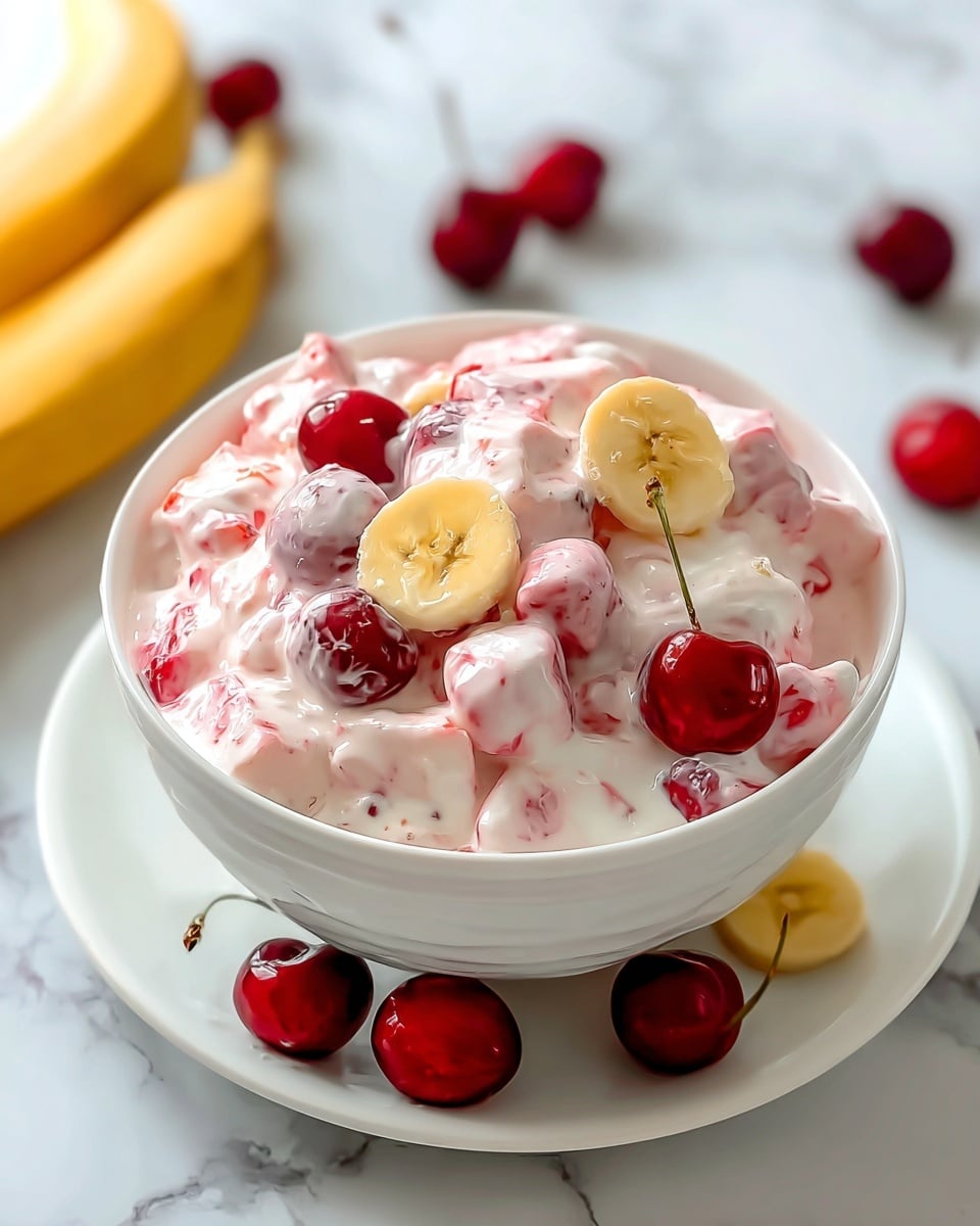 A white bowl filled with a creamy pink fruit salad mixture sits on a white plate, placed on a white marbled surface. The salad has three main layers: light pink creamy yogurt mixed with small soft white fruit pieces, bright red whole cherries, and round yellow banana slices visible on top. The creamy texture covers the fruits evenly, with some cherry juice slightly coloring parts of the yogurt. Around the bowl, there are scattered whole cherries and a yellow banana slightly out of focus. The image shows a close-up view with soft, natural light highlighting the glossy texture of the cherries and the creamy yogurt. photo taken with an iphone --ar 4:5 --v 7