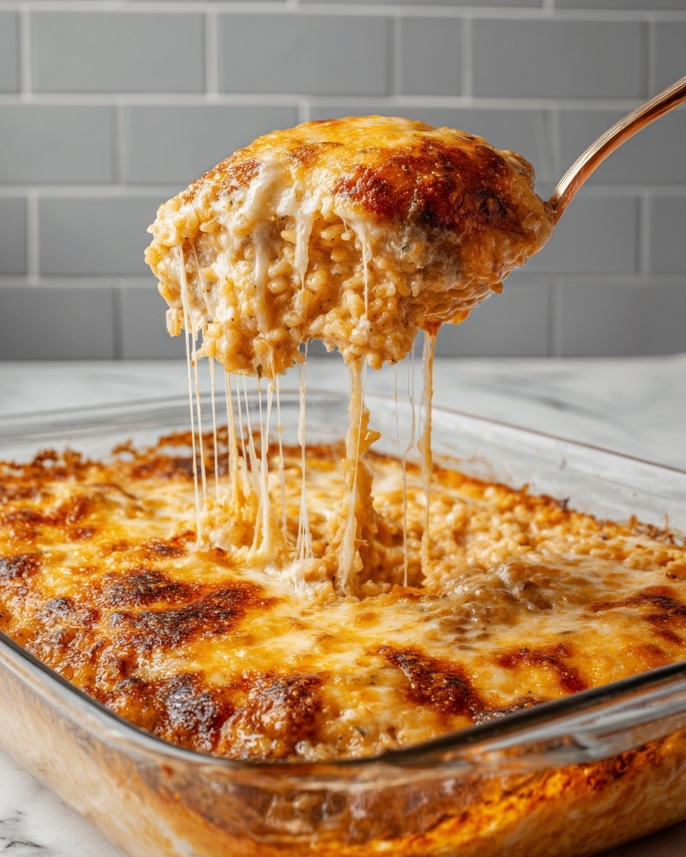 The dish is a baked casserole in a clear glass rectangular dish, showing two main layers. The bottom layer is creamy and white with small chunks of a light brown and orange ingredient mixed in, suggesting a rich sauce with vegetables or grains. The top layer consists of golden-brown, crispy breaded pieces evenly spread across the surface, with some darker toasted spots for texture. A silver spoon rests inside the dish, partly submerged in the creamy sauce, enhancing the visual depth. The background is a white marbled texture. photo taken with an iphone --ar 4:5 --v 7