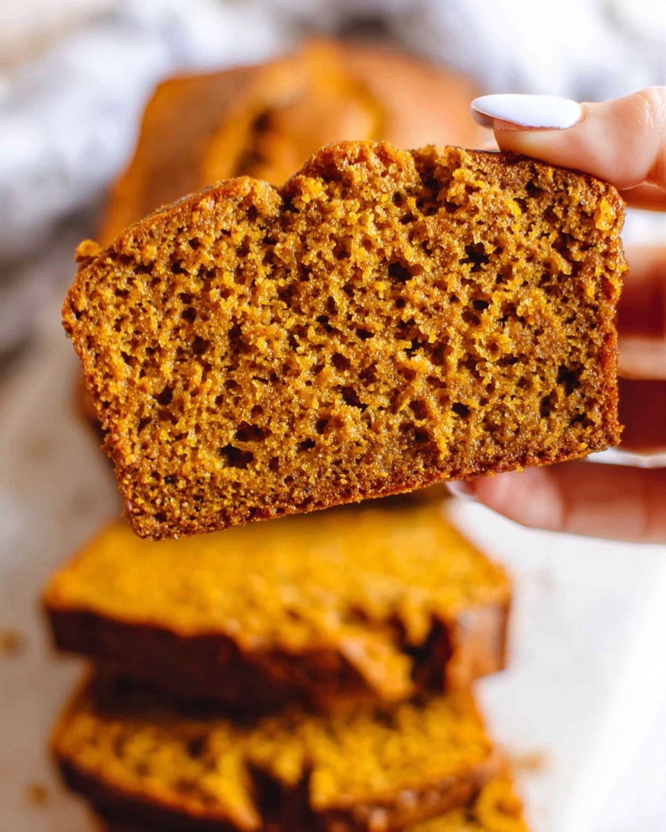 A close-up of a single slice of moist pumpkin bread held by a woman's hand with light skin and short nails painted white, showing a textured, crumbly surface with a warm orange-brown color. In the background, several more thick slices of pumpkin bread form a stack, matching the front slice in color and texture. The bread has a slightly rough, grainy surface and visible tiny air pockets, all resting on a white marbled texture. photo taken with an iphone --ar 4:5 --v 7