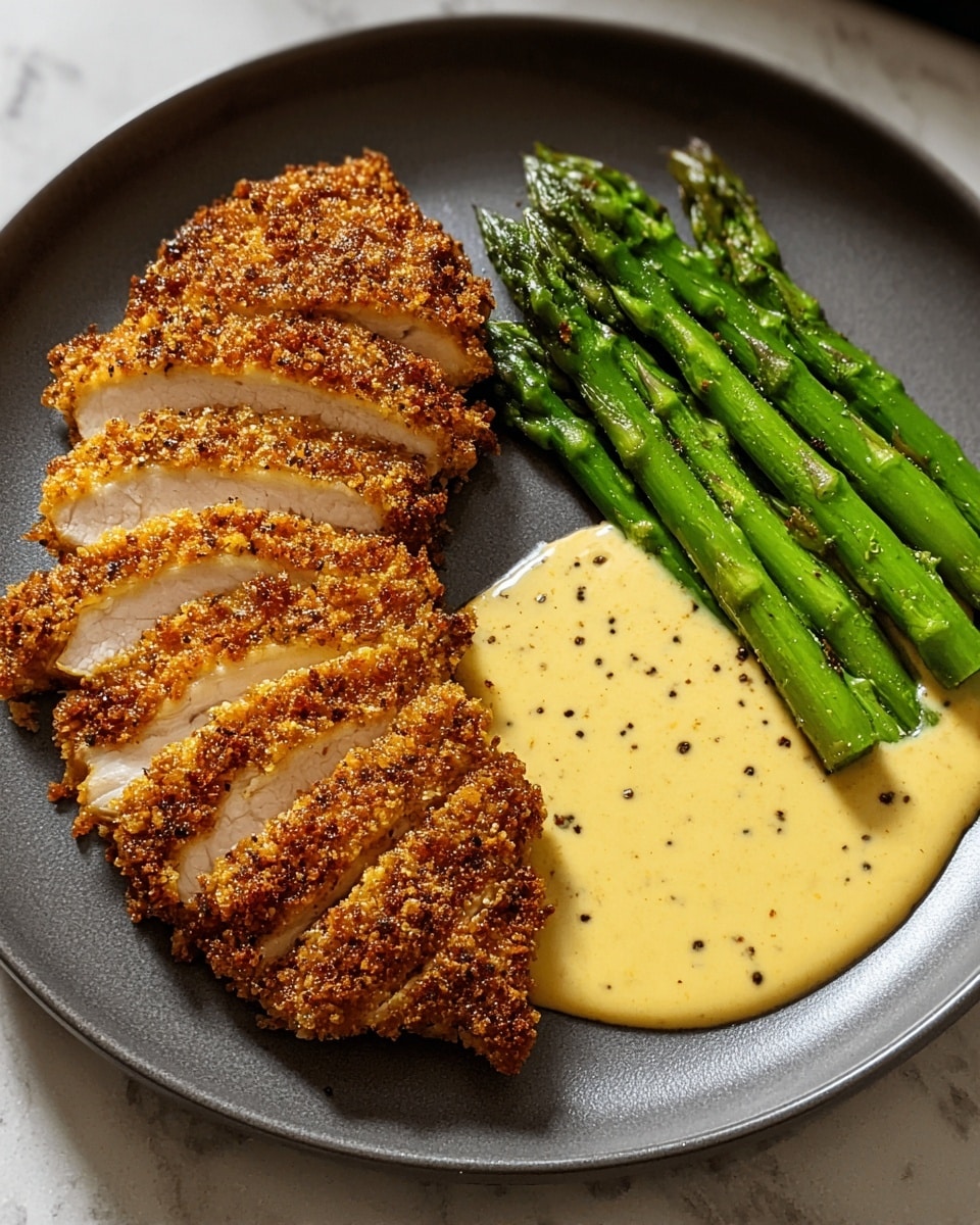 The image shows a white plate holding a golden brown, crispy crusted chicken breast cut into three thick slices, placed in the center-left. Behind the sliced chicken, more pieces of the same crispy chicken are arranged in a slightly overlapping manner. To the right side of the plate, a small round bowl filled with a creamy yellow sauce with black pepper specks sits on the plate. Below the sauce bowl, there is a pool of the same sauce spread lightly under a bunch of grilled green asparagus spears arranged diagonally. The plate is placed on a white marbled surface. photo taken with an iphone --ar 4:5 --v 7