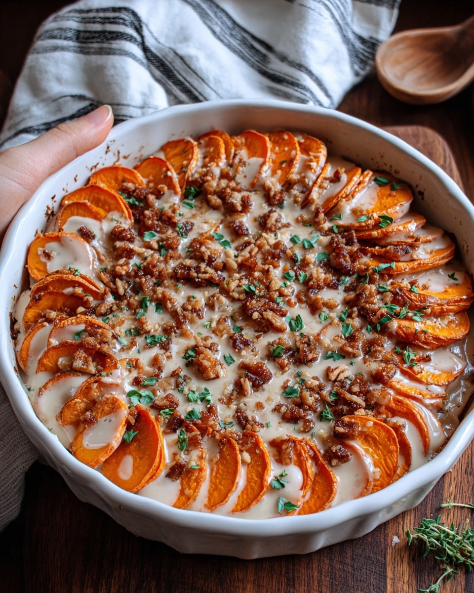 The dish shows a white round ceramic dish filled with sliced sweet potatoes arranged in overlapping rows on the top layer. The sweet potato slices are orange with a slightly roasted texture and are drizzled with a creamy white sauce. Small green herb pieces sprinkle across the dish along with crumbled brown bits, likely bacon or a similar topping, adding texture and color contrast. The dish rests on a wooden surface next to a white cloth with dark stripes. Woman's hand partially holding the dish can be seen at the top left. Photo taken with an iphone --ar 4:5 --v 7