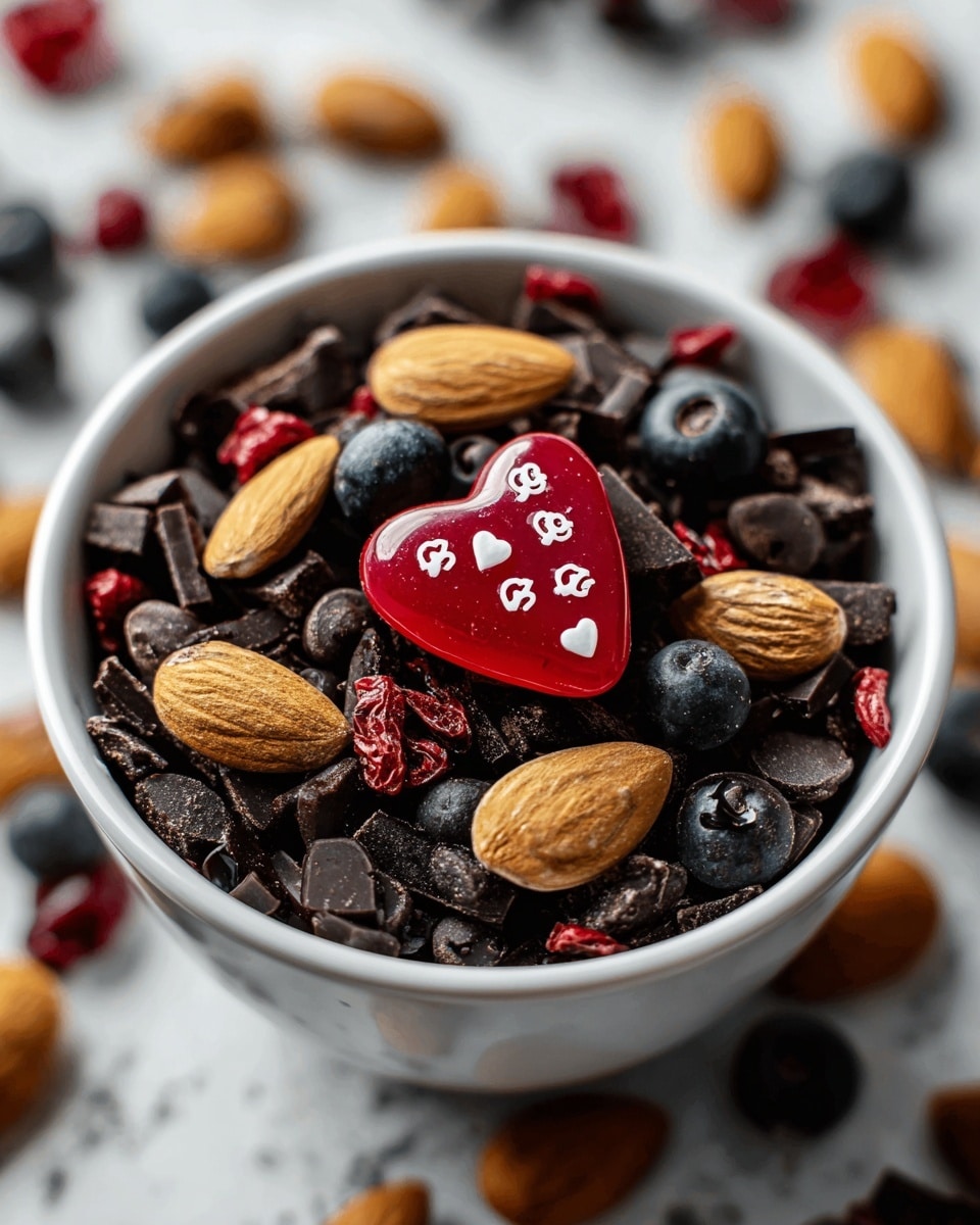 A close-up view of a white bowl filled with a colorful mix of small, round dark black seeds, smooth beige nuts, and bright red berries scattered throughout. Among the black seeds, some cut pieces show a dark brown center with white star or butterfly shapes. The texture looks rough on the black seeds, smooth on the nuts, and glossy on the red berries. The bowl is placed on a soft-focused white marbled surface with blurred piles of the same mixture outside the bowl. The image is bright and sharp, showing clear color contrasts. Photo taken with an iphone --ar 4:5 --v 7