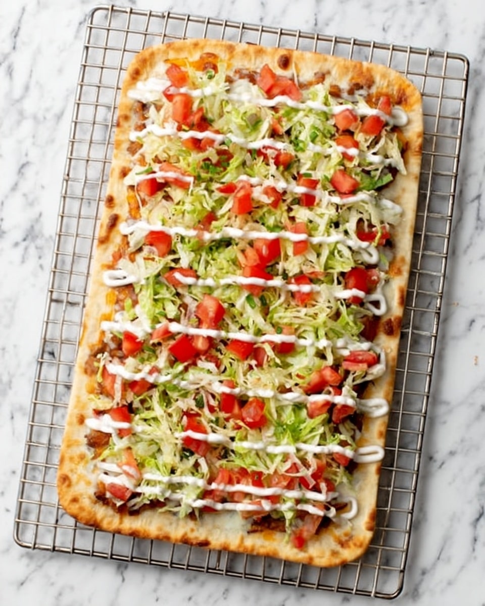 The image shows a rectangular flatbread pizza on a metal cooling rack, placed on a white marbled surface. The pizza has a light golden crust with three visible layers: the bottom layer is a slightly browned flatbread base, the second layer is melted cheese with a creamy texture, and the top layer is a mix of finely chopped green and red vegetables, mainly diced tomatoes and shredded lettuce. Across the top, there is a drizzle of white sauce in thin, even lines. The overall look is colorful and fresh with a crunchy base. Photo taken with an iphone --ar 4:5 --v 7