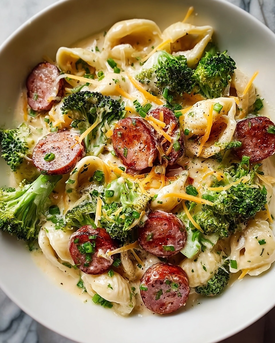 The image shows a close-up of a black pan filled with rotini pasta, which is light yellow in color and twisted in shape. Scattered throughout the pasta are round slices of browned sausage, with a rich reddish-brown color. There are also bright green broccoli florets placed evenly on the pasta, adding color contrast. The textures show the soft pasta, firm broccoli, and slightly crispy sausage. The pan is set on a white marbled surface, making the colors of the food stand out. Photo taken with an iphone --ar 4:5 --v 7