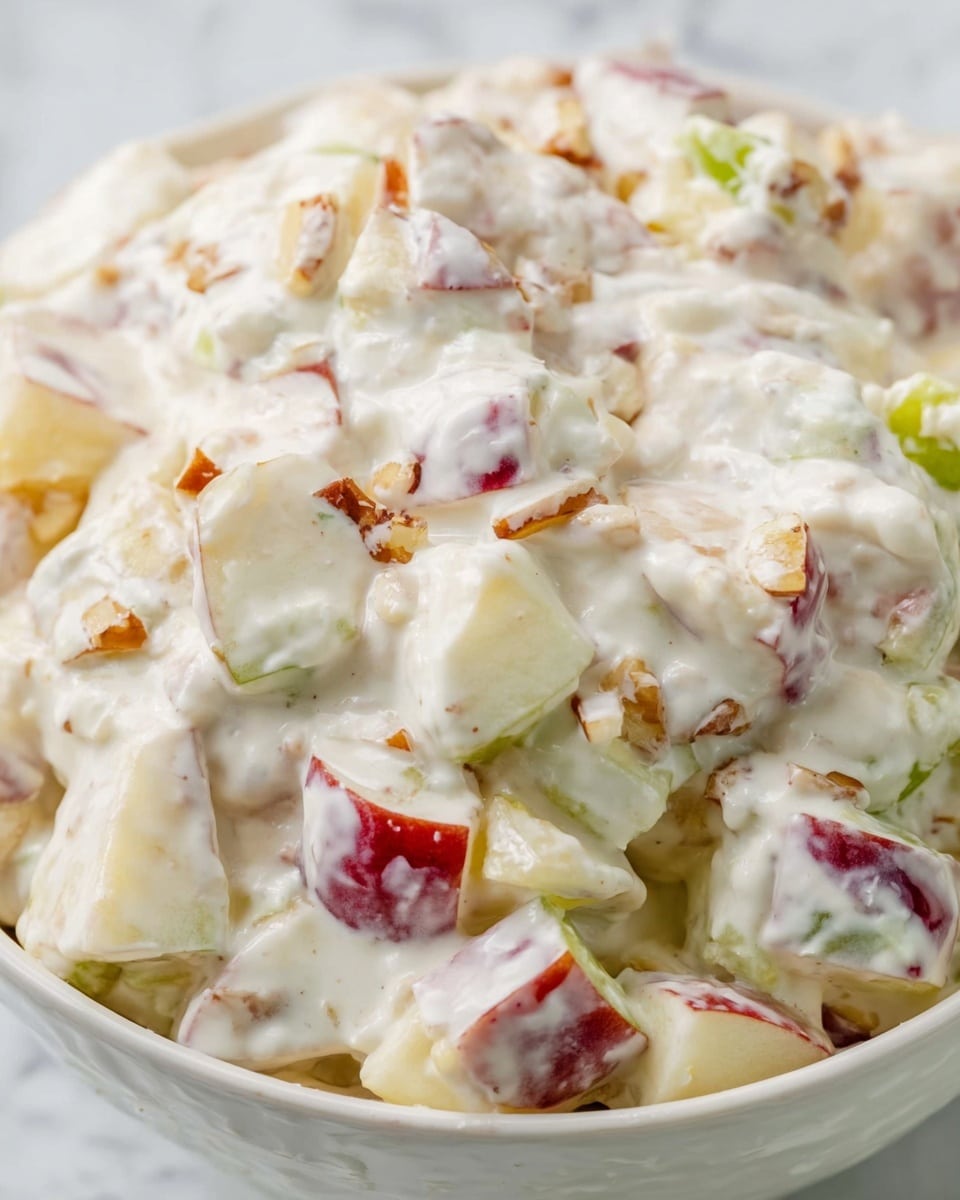 A clear glass bowl filled with a creamy white fruit salad with several visible layers, including chunks of light green apple, soft white marshmallows, small pieces of red apple, and chopped brown walnuts scattered throughout. The creamy texture looks thick and smooth, enveloping all the fruits and nuts evenly. Around the bowl, whole walnuts and marshmallows are placed on a white marbled surface. The background contains blurry green and red apples, enhancing the fresh look of the dish. Photo taken with an iphone --ar 4:5 --v 7