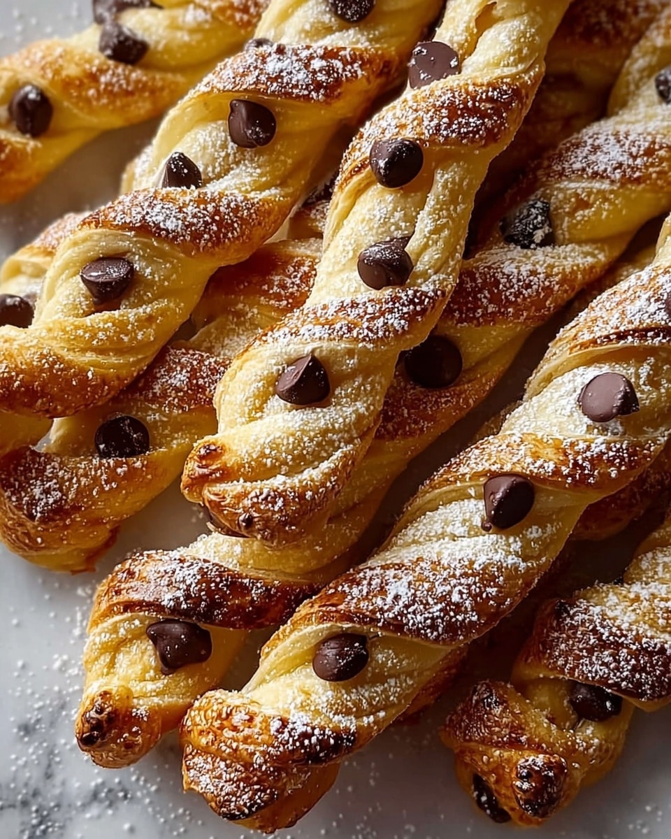 The image shows several twisted pastry sticks arranged closely together on a white marbled surface. Each pastry stick has a golden-brown color with a crispy texture, twisted to create visible layers. Dark brown chocolate chips are scattered generously across the surface of each stick, embedded into the dough. A light dusting of powdered sugar is sprinkled evenly over the pastries, adding a delicate white contrast to the golden and dark brown colors. The overall look is warm and inviting, highlighting the flaky texture and sweet toppings. photo taken with an iphone --ar 4:5 --v 7