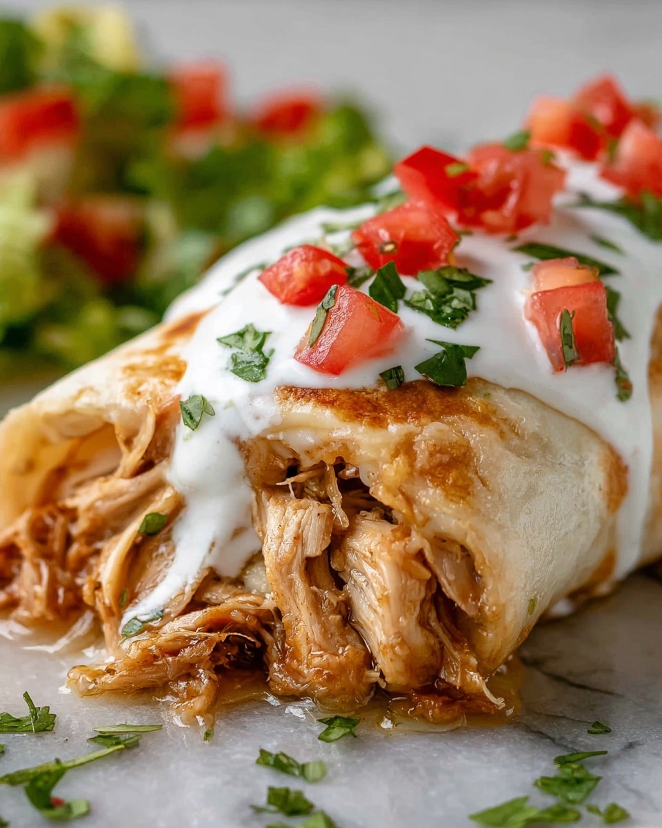 A close-up view of a rolled tortilla filled with shredded, juicy chicken and melted cheese inside, topped with a smooth white sour cream layer, finely chopped red tomato pieces and green herbs scattered on top. The tortilla has a light golden-brown toasted color and the chicken meat filling looks tender and moist. The background shows a slight blur of a fresh green salad with diced red tomatoes on a white marbled surface. Photo taken with an iphone --ar 4:5 --v 7
