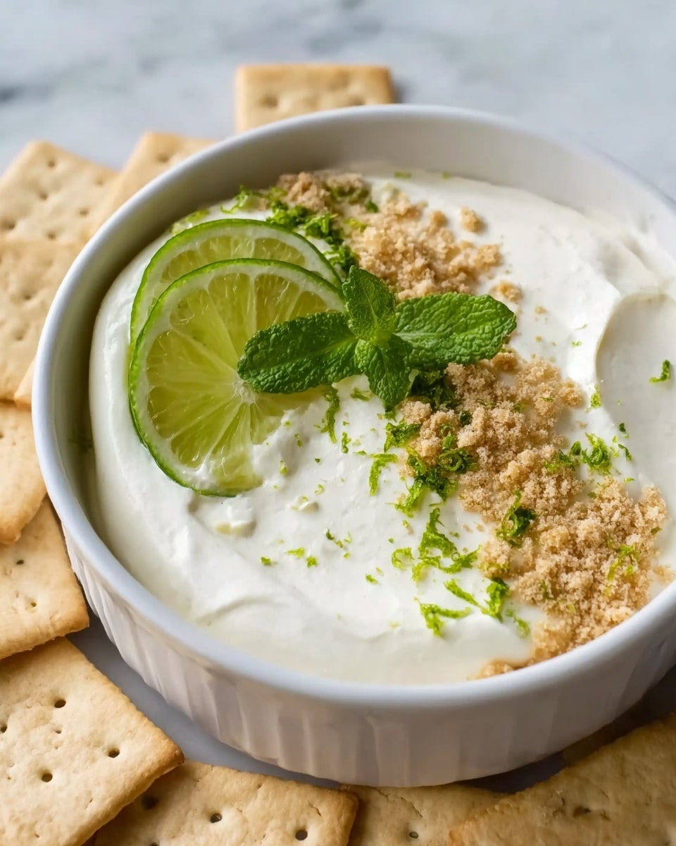 A small white bowl filled with a thick, smooth white creamy dip, topped with crumbled light brown pieces along one side, two thin lime slices positioned on the opposite side with a small bunch of green mint leaves next to them, and fine green zest scattered lightly on top. Around the bowl are flat, square beige crackers placed on a white marbled surface. Photo taken with an iphone --ar 4:5 --v 7