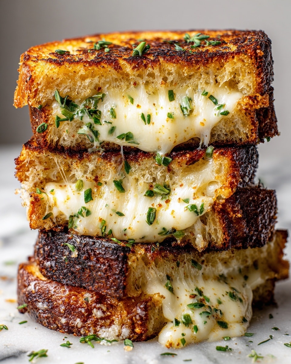 A stack of three thick, golden-brown grilled cheese sandwiches with crispy, slightly charred edges sits on a white marbled surface. Each sandwich shows a thick outer toasted layer with a bubbly, creamy melted cheese center that stretches between layers. The top sandwich is cut in half revealing gooey, white cheese oozing out and small green herb bits scattered inside and on top. The texture of the toasted bread is crunchy with a warm, inviting glow from the melted cheese inside. Fresh green herbs add a touch of color on and around the stack. Photo taken with an iphone --ar 4:5 --v 7