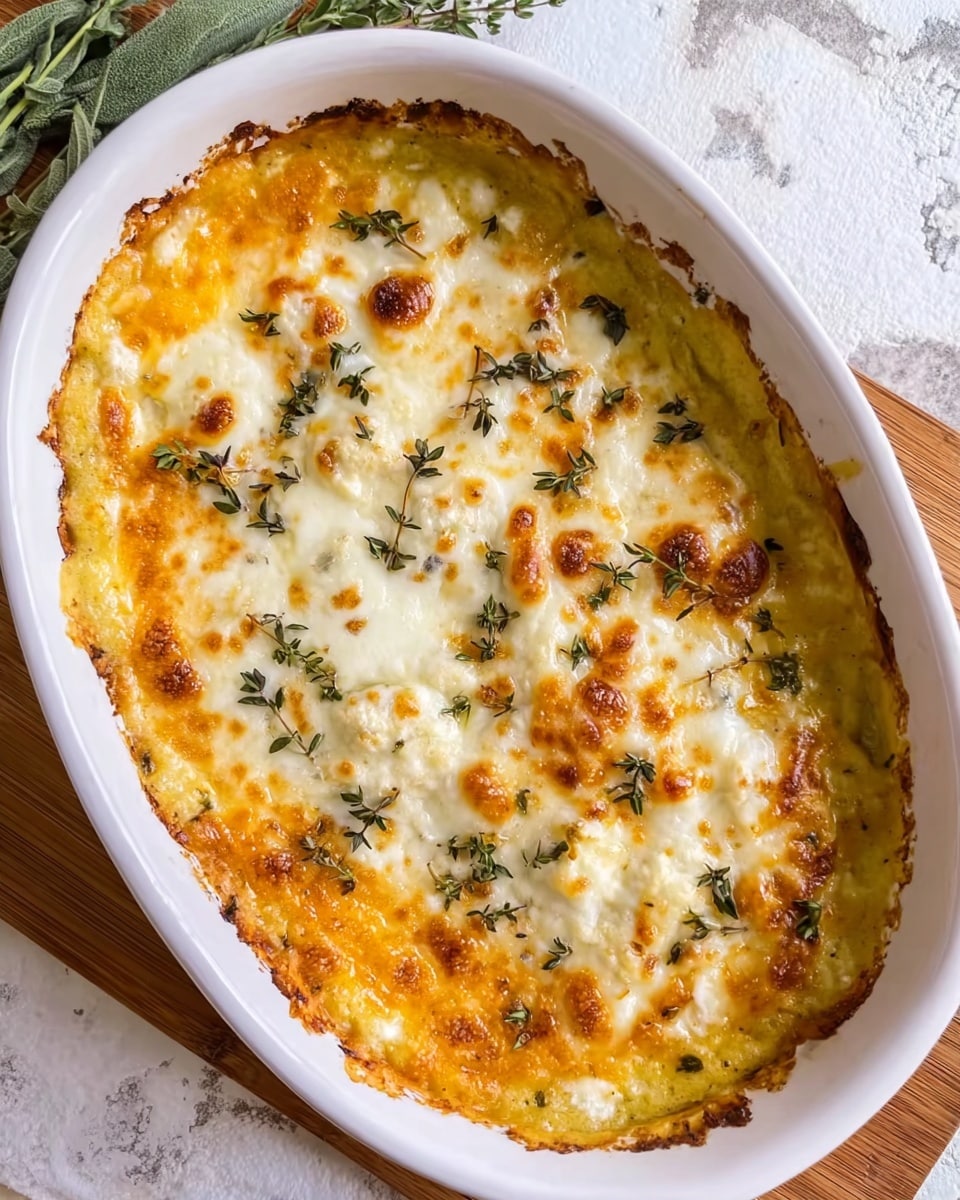 A clear glass oval baking dish filled with a baked casserole showing two visible layers: the bottom layer is a creamy yellow-orange mash, smooth with some texture, topped by a thick golden-brown melted cheese layer with crispy browned spots and small green herb leaves scattered evenly on top. The dish sits on a white marbled surface. photo taken with an iphone --ar 4:5 --v 7