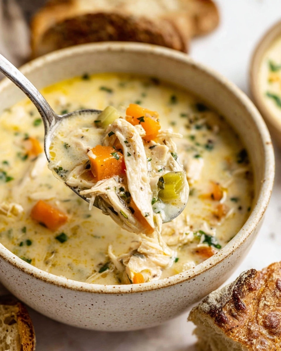 A close-up image of a bowl of creamy chicken soup with visible layers in the spoon, showing shredded white chicken pieces, bright orange carrot cubes, pale green celery chunks, and small bits of herbs floating in a thick, light yellow broth; the bowl is a speckled beige color, set on a white marbled texture with pieces of brown crusty bread around it. Photo taken with an iphone --ar 4:5 --v 7