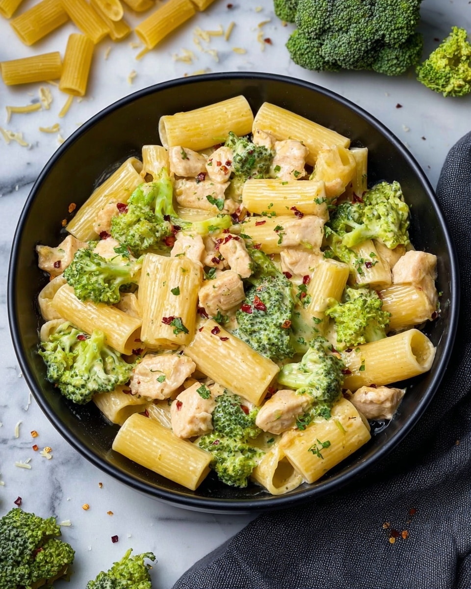 The image shows a bowl of pasta dish with three main layers. The base layer consists of rigatoni pasta, cooked and coated in a creamy light yellow sauce. Mixed evenly throughout are bright green broccoli florets that add texture and color contrast. Scattered among the pasta and broccoli are chunks of light brown cooked chicken pieces. The dish is garnished with small bits of green herbs and a few red pepper flakes, adding extra color and texture. The pasta is served in a round black bowl on a white marbled surface with some uncooked pasta and broccoli florets visible in the background. Photo taken with an iphone --ar 4:5 --v 7
