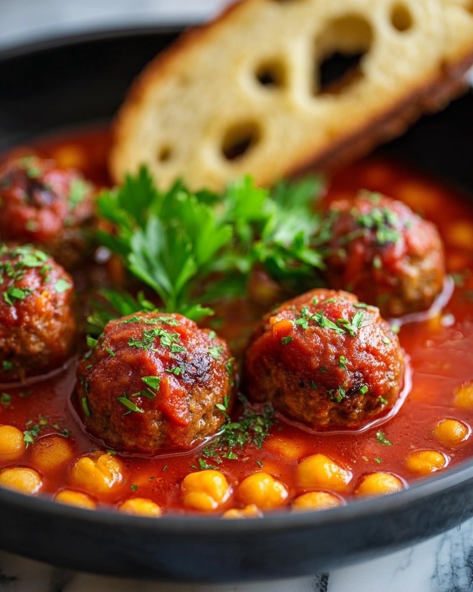 In a black bowl sitting on a white marbled texture, there are six round meatballs covered with a red tomato sauce and sprinkled with small green herbs on top. The meatballs are partly submerged in a rich red broth filled with bright orange chickpeas spread evenly around the bowl. In the center behind the meatballs, there is a small bunch of fresh green parsley adding a pop of color. At the back edge of the bowl, a slice of toasted bread with a golden crust and three holes is leaning against the bowl’s side, slightly blurred to show depth. The photo was taken close up with a soft focus on the meatballs in the front. photo taken with an iphone --ar 4:5 --v 7