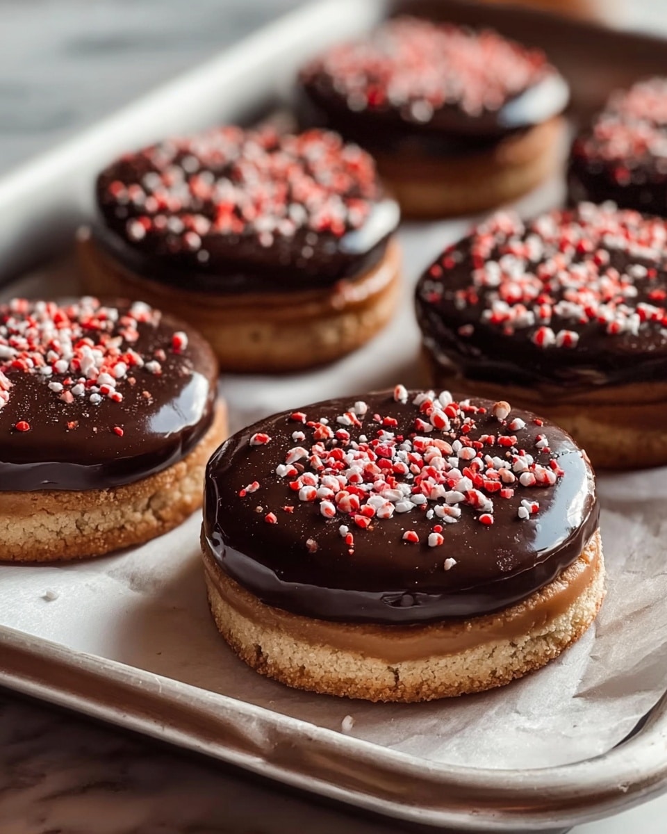 The image shows several round cookies with three layers: the bottom layer is a light brown crunchy biscuit base, the middle layer is a slightly darker light brown caramel or soft filling, and the top layer is a thick, smooth, and shiny dark chocolate coating sprinkled with small red and white candy pieces. The cookies are placed on white parchment paper on a metal tray, which sits on a white marbled surface. The lighting highlights the glossy texture of the chocolate and the small candy bits on top, giving the cookies a fresh and appealing look. Photo taken with an iphone --ar 4:5 --v 7