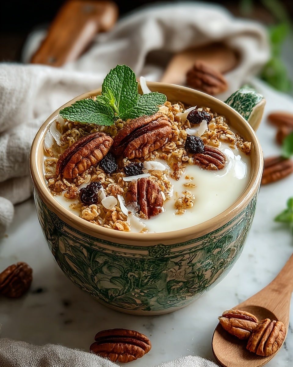 In the image, a decorative cup with a vintage green and beige pattern holds a creamy yogurt base as the first layer. The top layer is thick with golden granola sprinkled with large pecans, white coconut flakes, and a few small dark dried berries, giving a crunchy texture. A small fresh green mint leaf sits right on the top center as a fresh garnish. Around the cup, pecans lay on a light-colored fabric, with a wooden spoon resting nearby. The entire scene is set on a white marbled surface with soft natural light. photo taken with an iphone --ar 4:5 --v 7